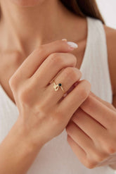 Initial and Gemstone Ring – 18K Gold-Plated Sterling Silver Personalized Ring