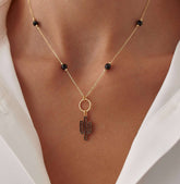 Dainty Cactus Necklace – 18K Gold-Plated Sterling Silver with Black Bead Accents