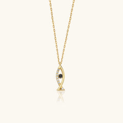 Fish Shaped Necklace with Black CZ Stones, 18K Gold-Plated Sterling Silver