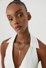 Gold Fish Charm Necklace with Turquoise Beaded Chain - 18K Gold-Plated Sterling Silver - Symbol of Luck and Protection