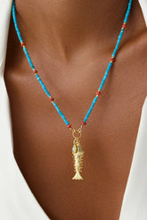 Gold Fish Charm Necklace with Turquoise Beaded Chain - 18K Gold-Plated Sterling Silver - Symbol of Luck and Protection