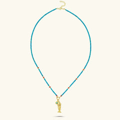 Gold Fish Charm Necklace with Turquoise Beaded Chain - 18K Gold-Plated Sterling Silver - Symbol of Luck and Protection