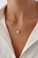Single Pearl Necklace – 18K Gold-Plated Sterling Silver Simple Pearl Pendant Necklace