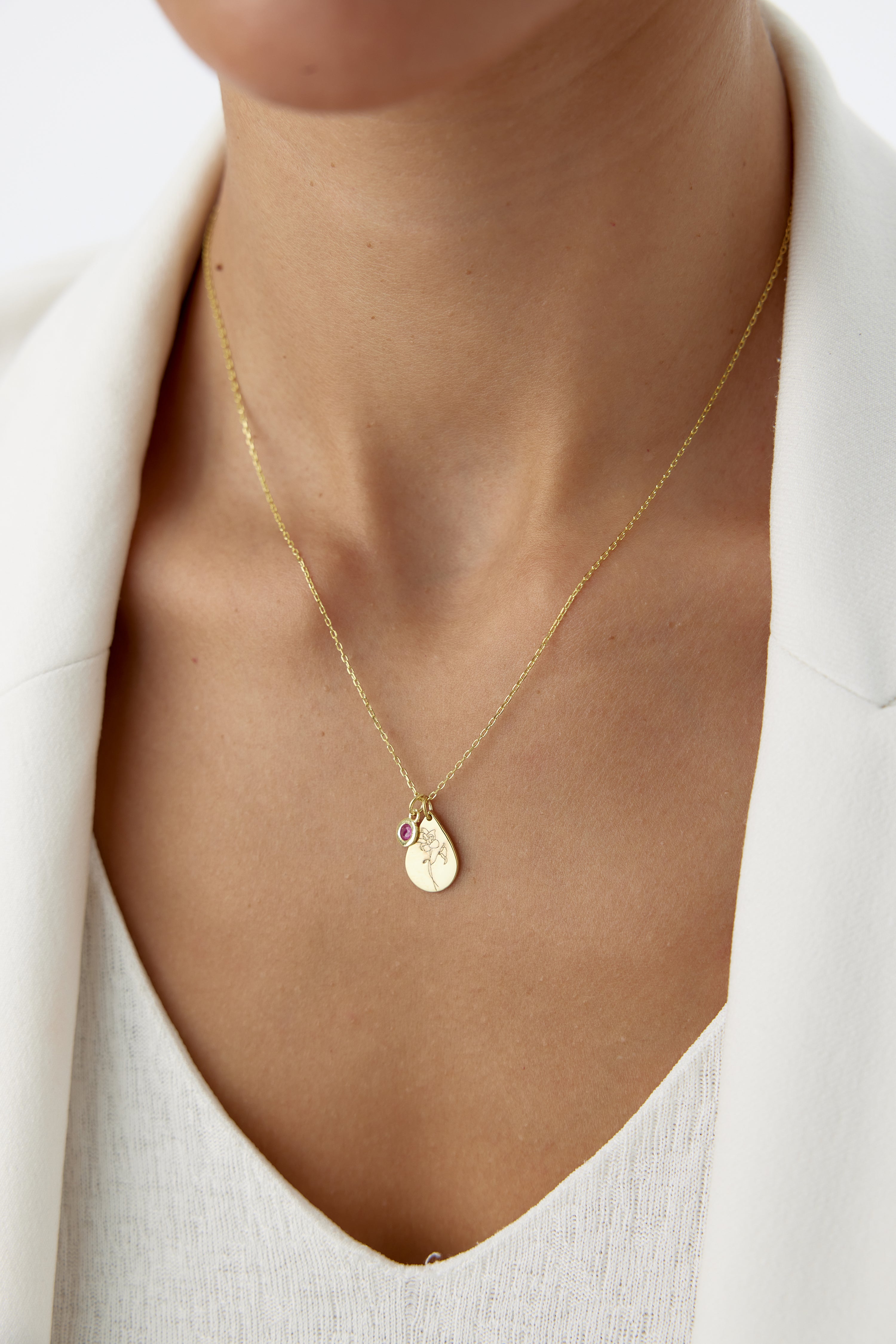 Tiny Drop Shape Birth Flower Necklace with Tiny Birthstone Pendant • Personalized 925K Sterling Silver Necklace for Women
