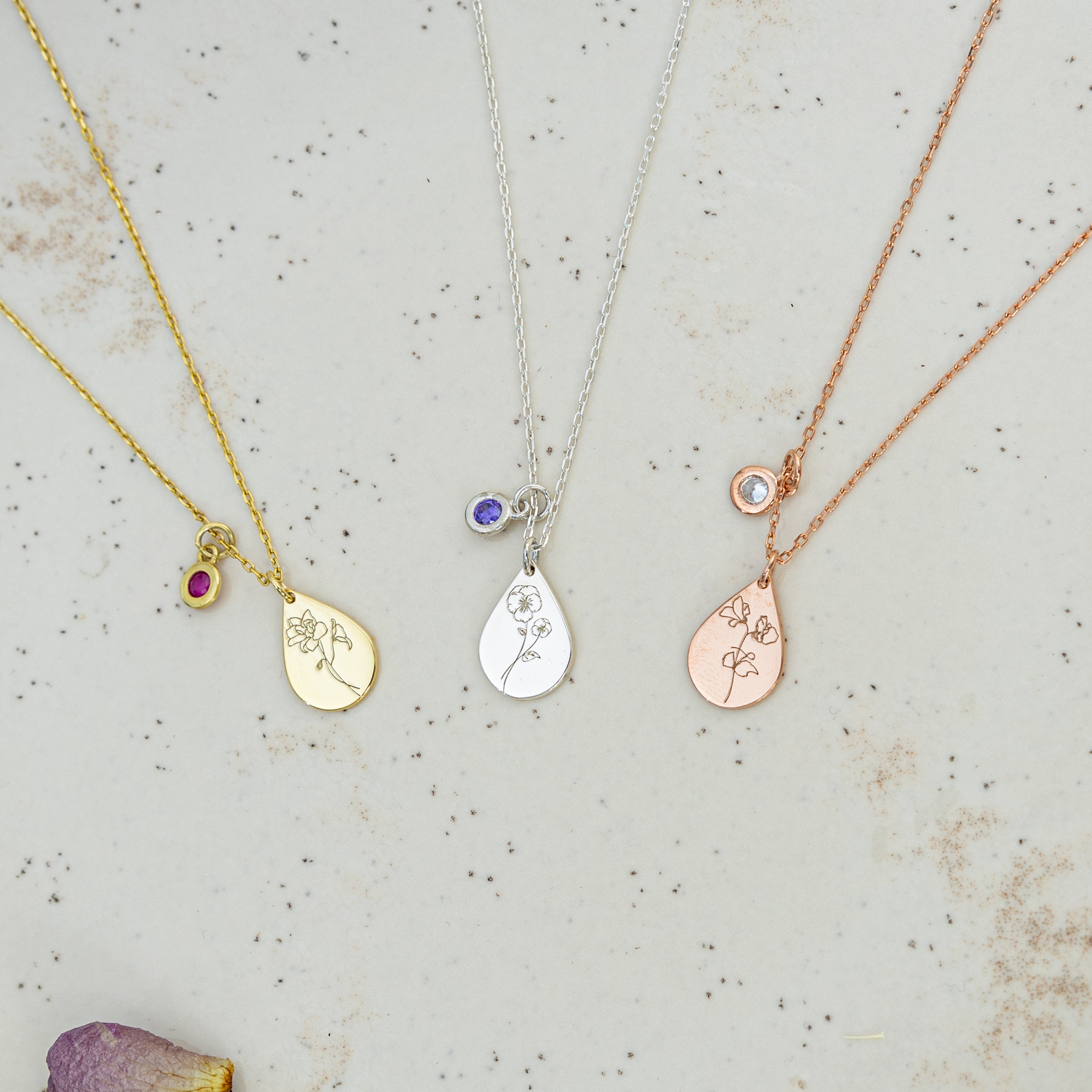 Tiny Drop Shape Birth Flower Necklace with Tiny Birthstone Pendant • Personalized 925K Sterling Silver Necklace for Women