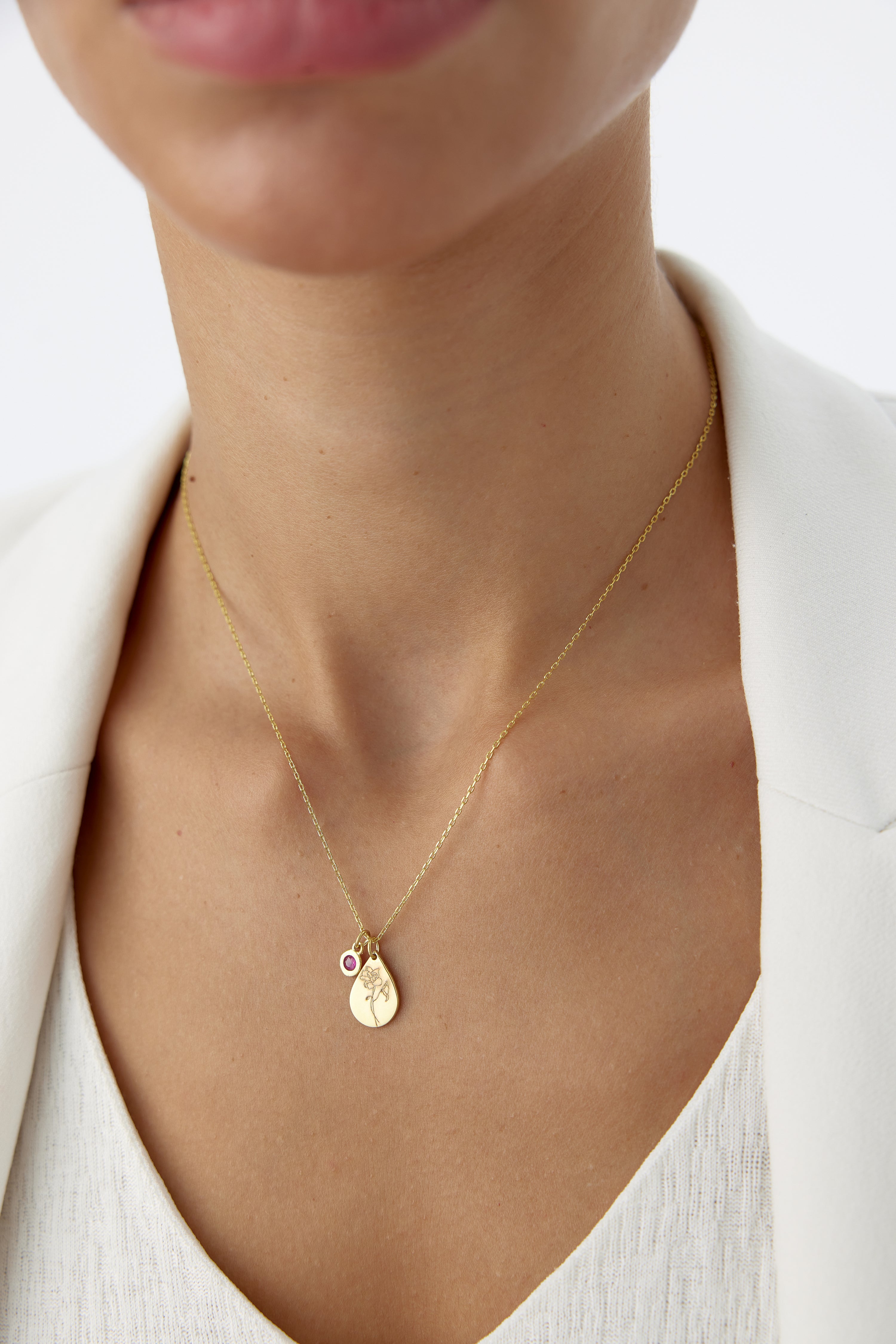 Tiny Drop Shape Birth Flower Necklace with Tiny Birthstone Pendant • Personalized 925K Sterling Silver Necklace for Women
