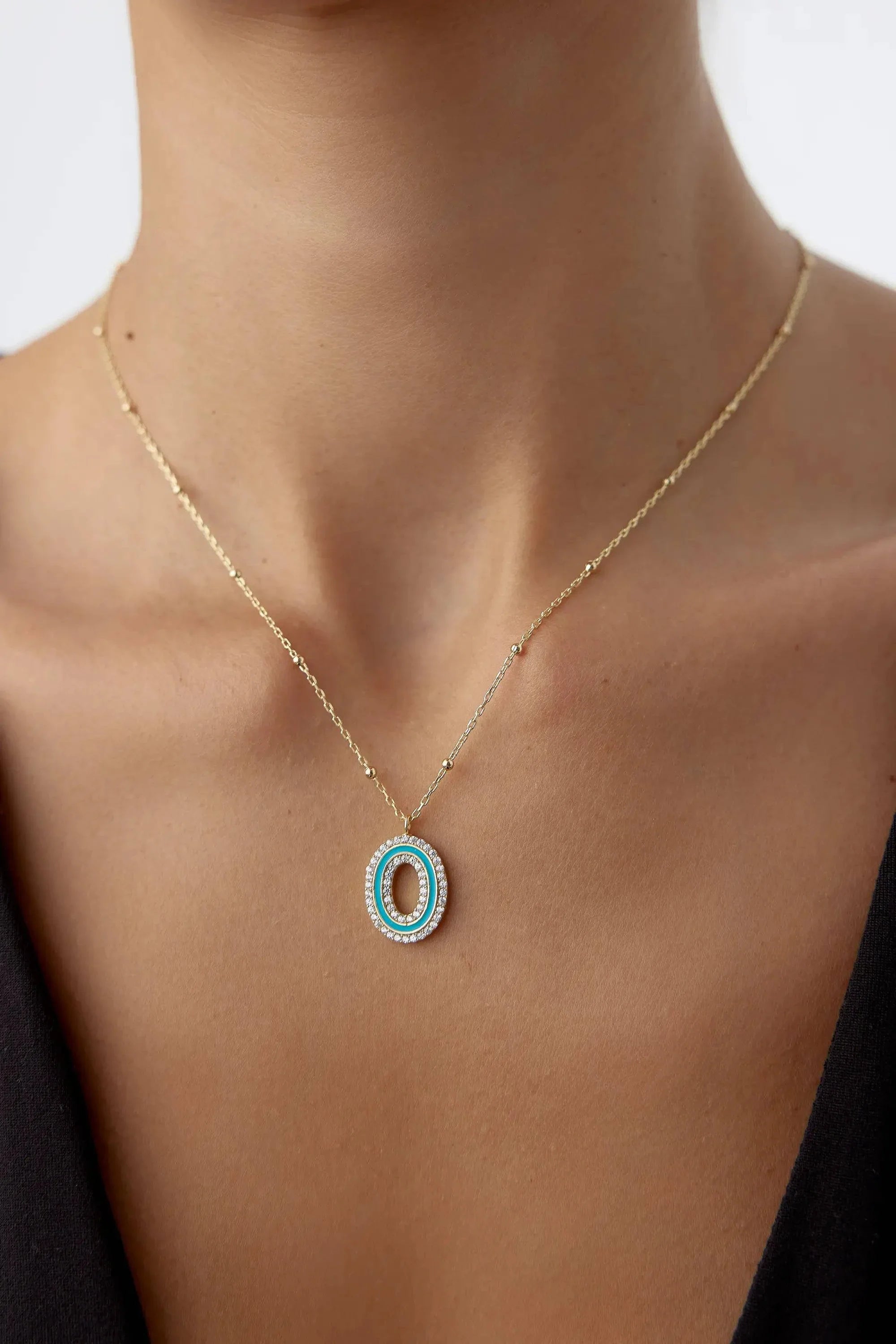 CZ Stone and Enamel Initial Necklace – 18K Gold-Plated Sterling Silver