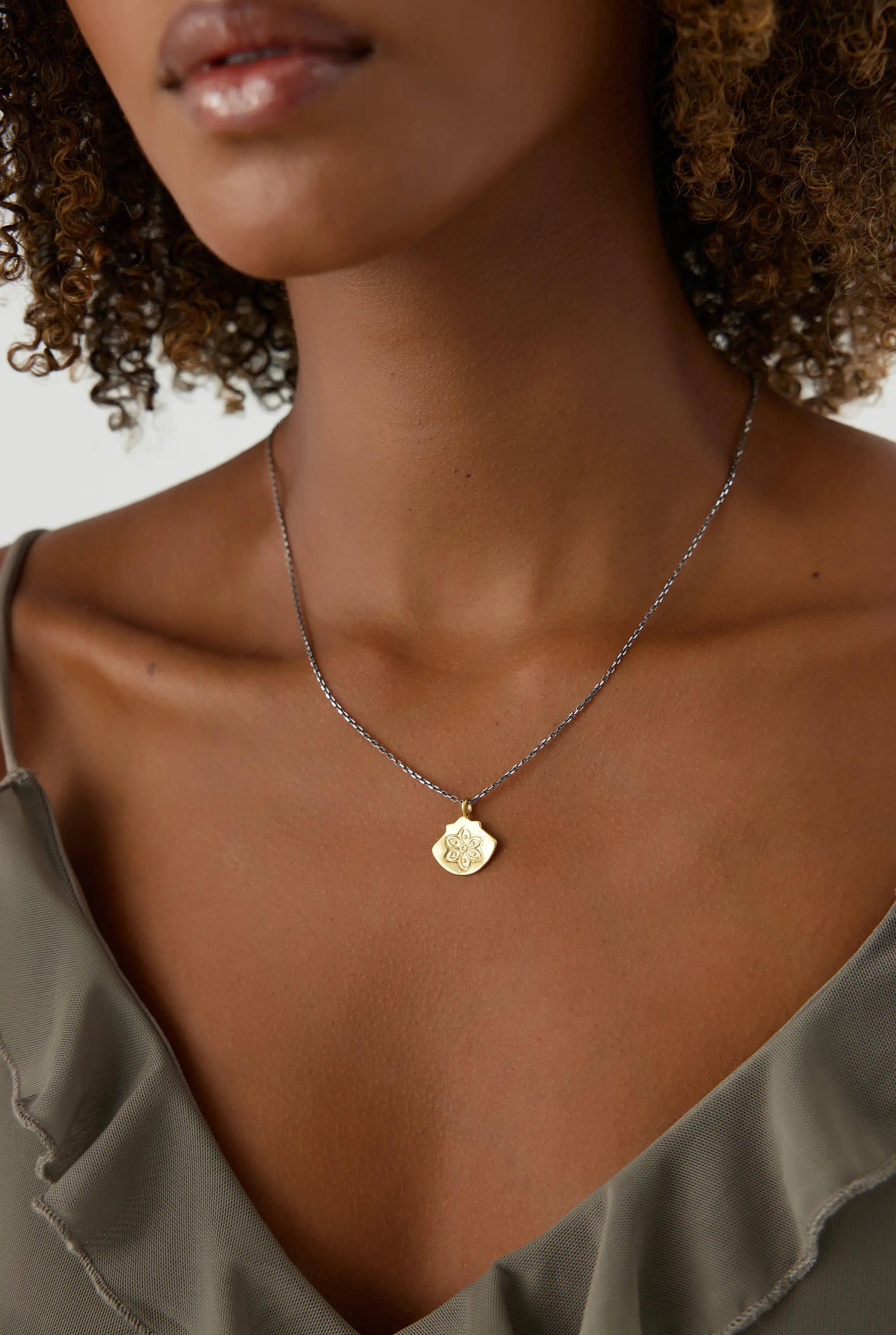 Ancient Mandala Lotus Flower Pendant Necklace, 18K Gold-Plated Oxidized Sterling Silver