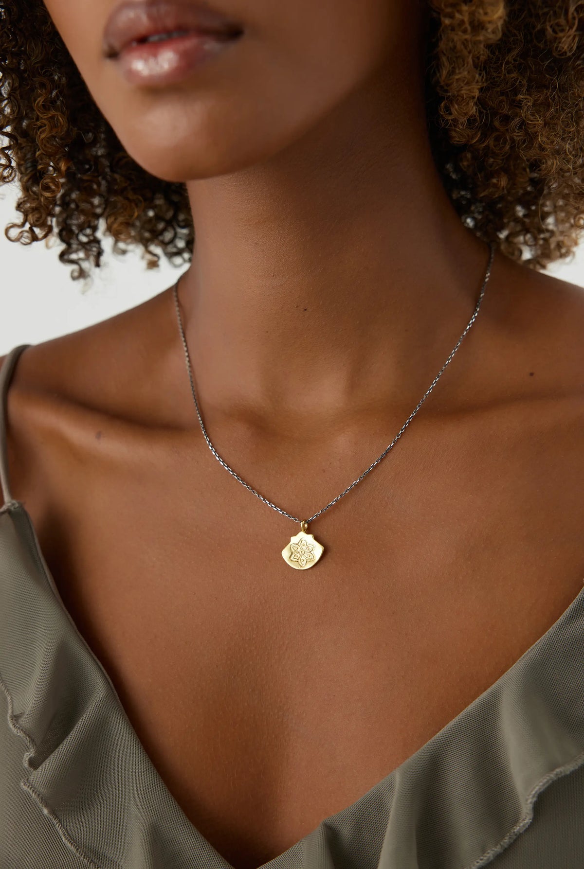 Ancient Mandala Lotus Flower Pendant Necklace, 18K Gold-Plated Oxidized Sterling Silver