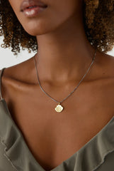 Ancient Mandala Lotus Flower Pendant Necklace, 18K Gold-Plated Oxidized Sterling Silver