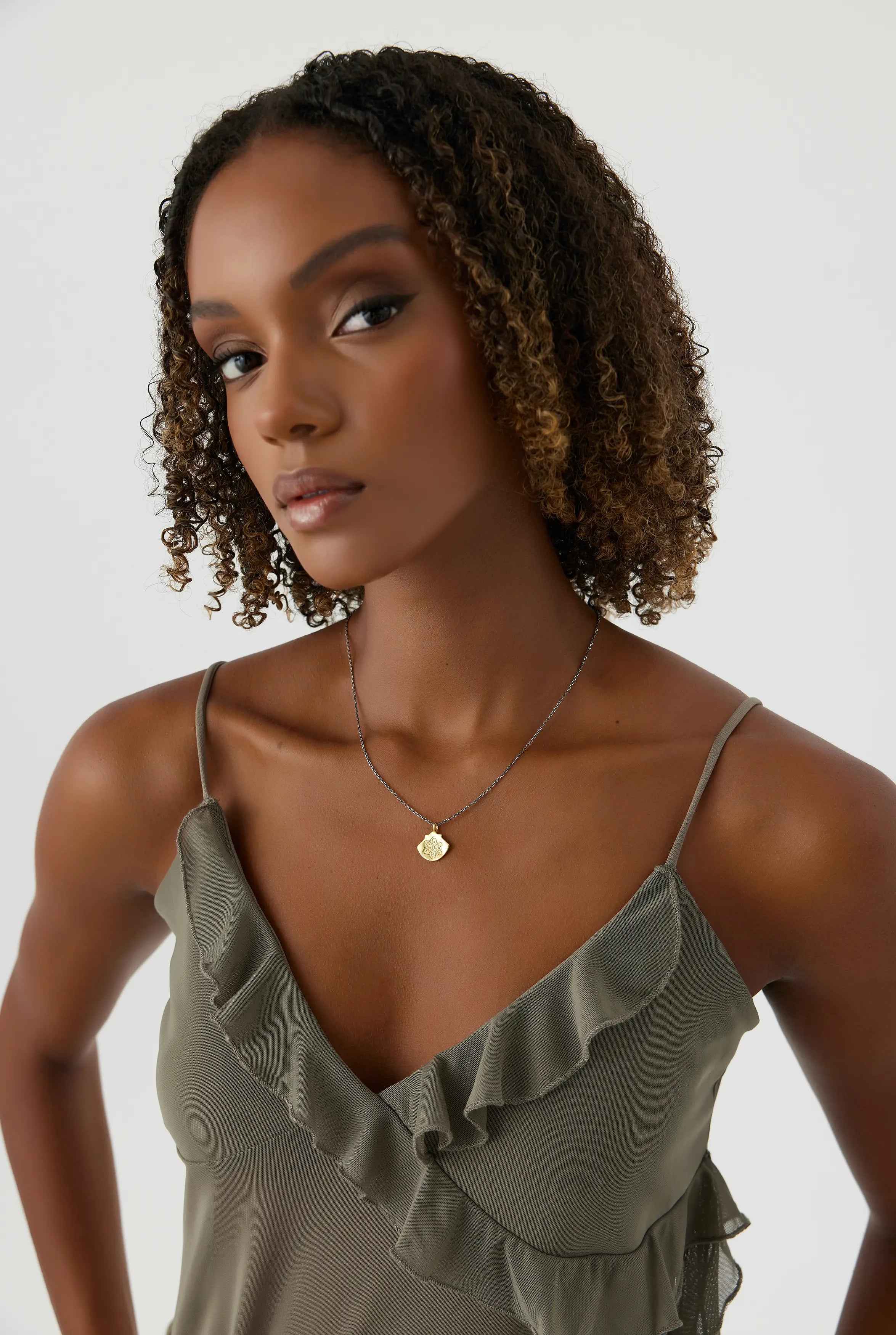 Ancient Mandala Lotus Flower Pendant Necklace, 18K Gold-Plated Oxidized Sterling Silver