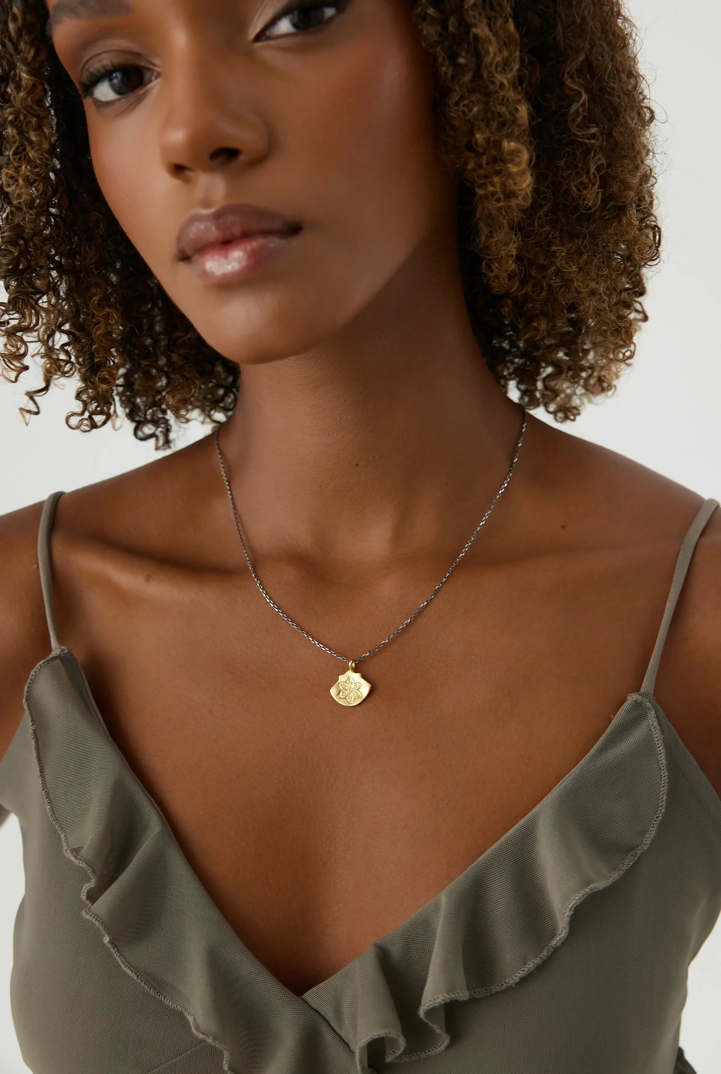 Ancient Mandala Lotus Flower Pendant Necklace, 18K Gold-Plated Oxidized Sterling Silver