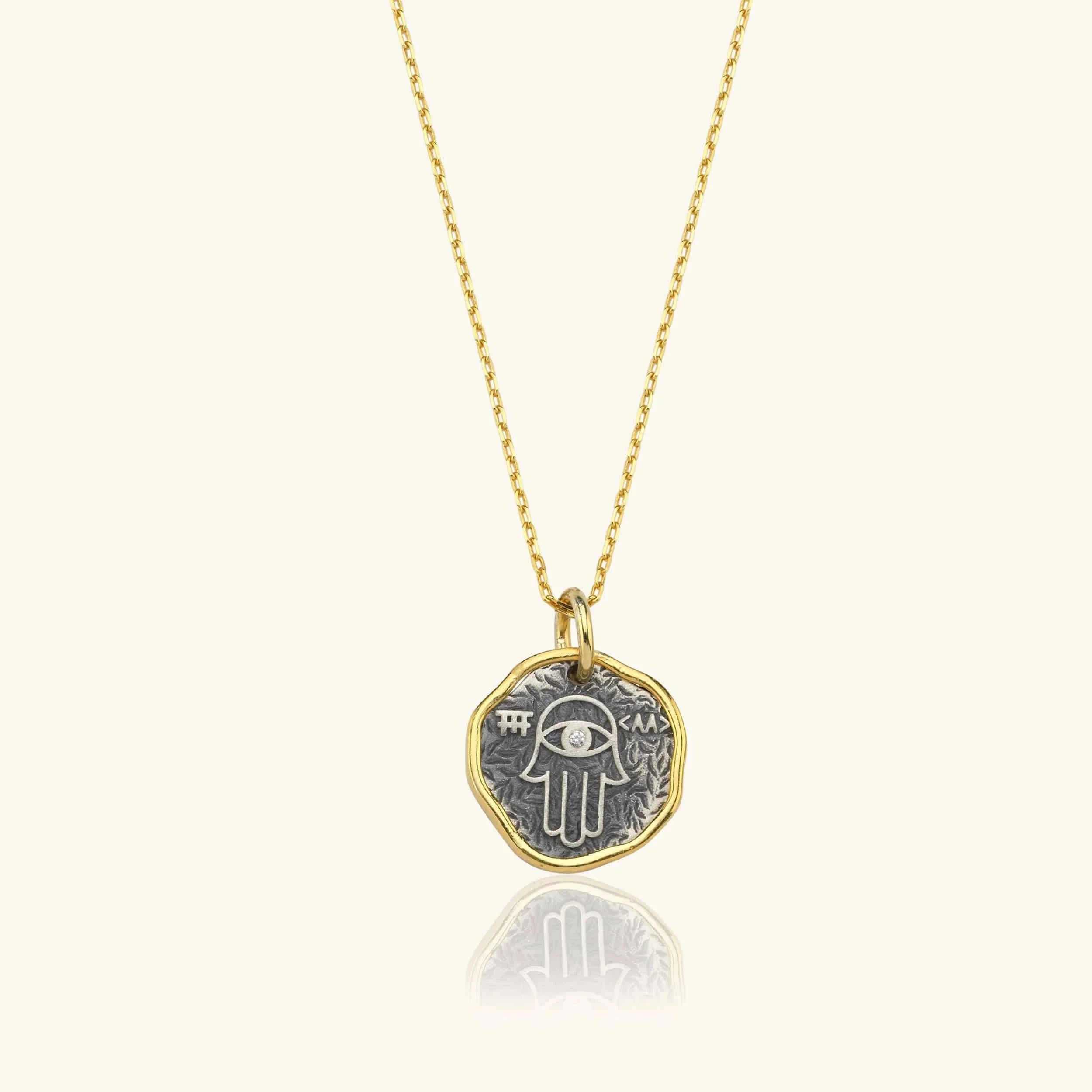 Hamsa Hand Coin Necklace – 18K Gold-Plated Sterling Silver with Black Chain