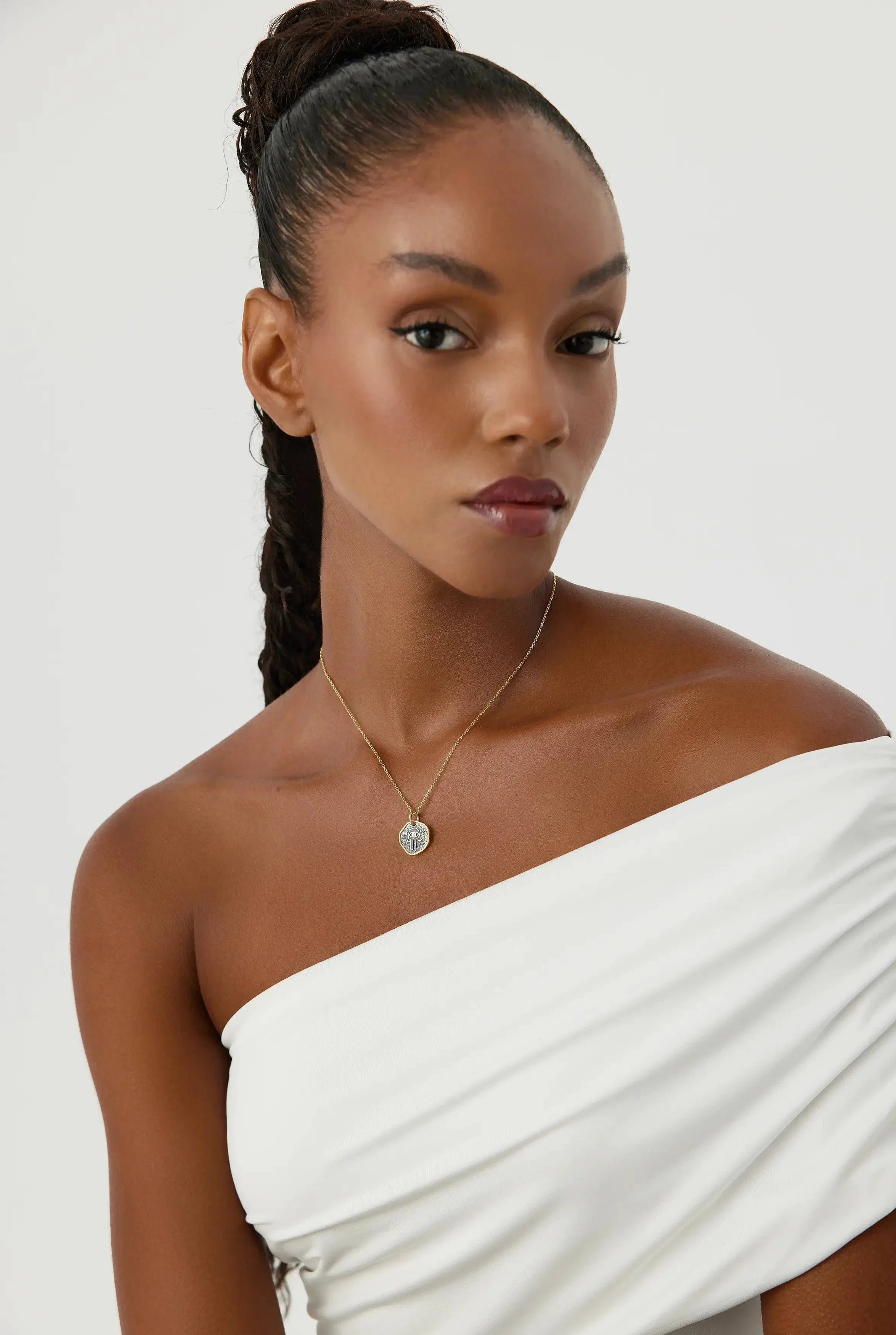 Hamsa Hand Coin Necklace – 18K Gold-Plated Sterling Silver with Black Chain