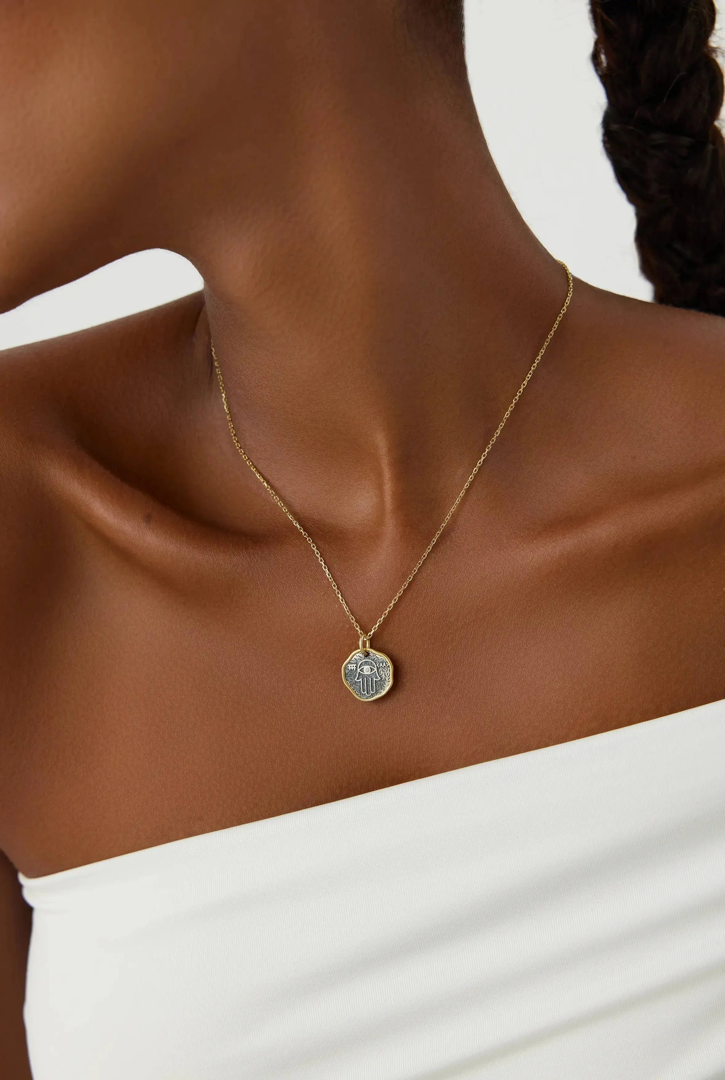 Hamsa Hand Coin Necklace – 18K Gold-Plated Sterling Silver with Black Chain