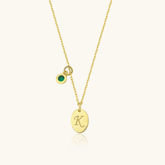 Initial Birthstone Necklace – 18K Gold-Plated Oval Pendant with Birthstone Charm