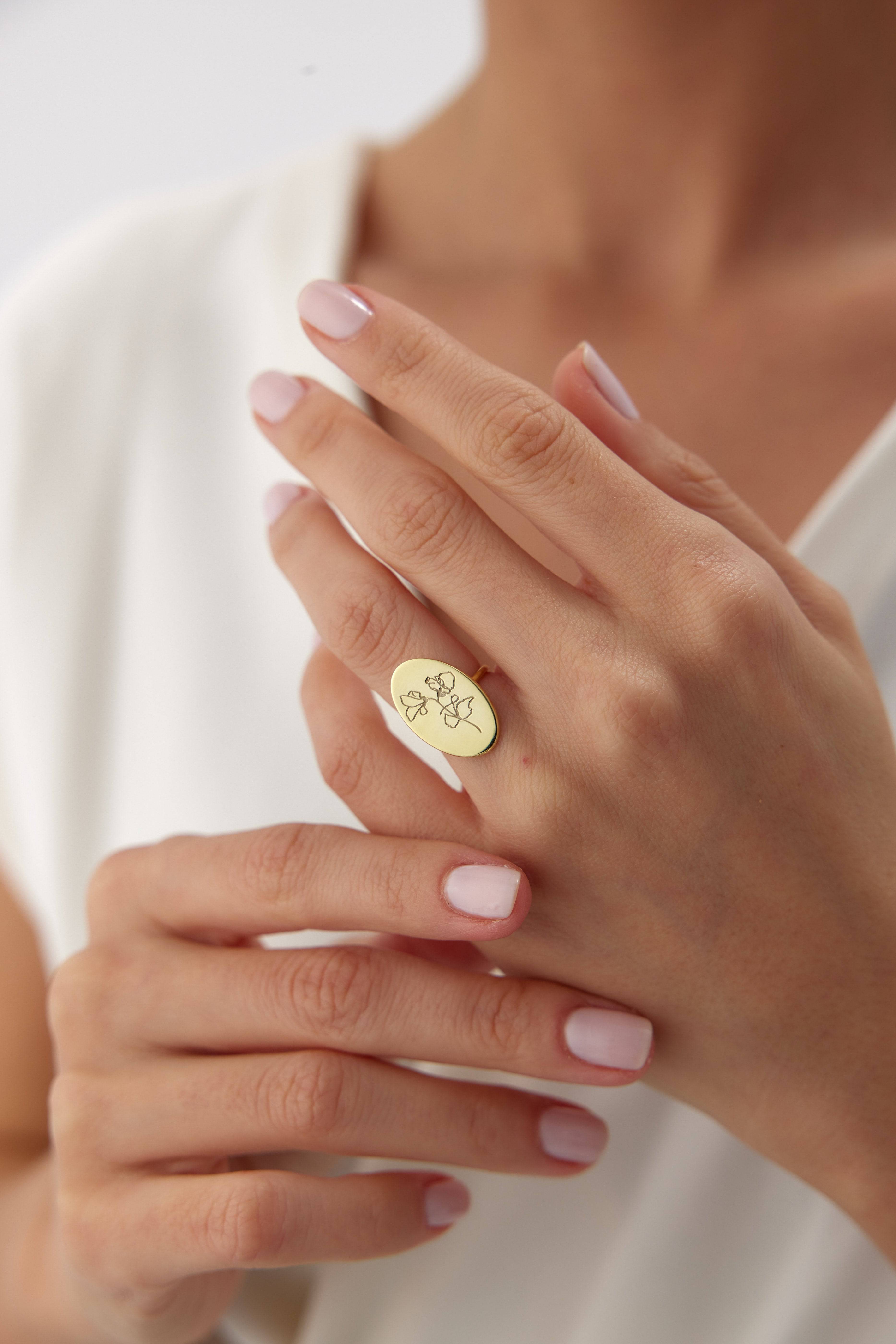 Custom Oval Birth Flower Signet Ring
