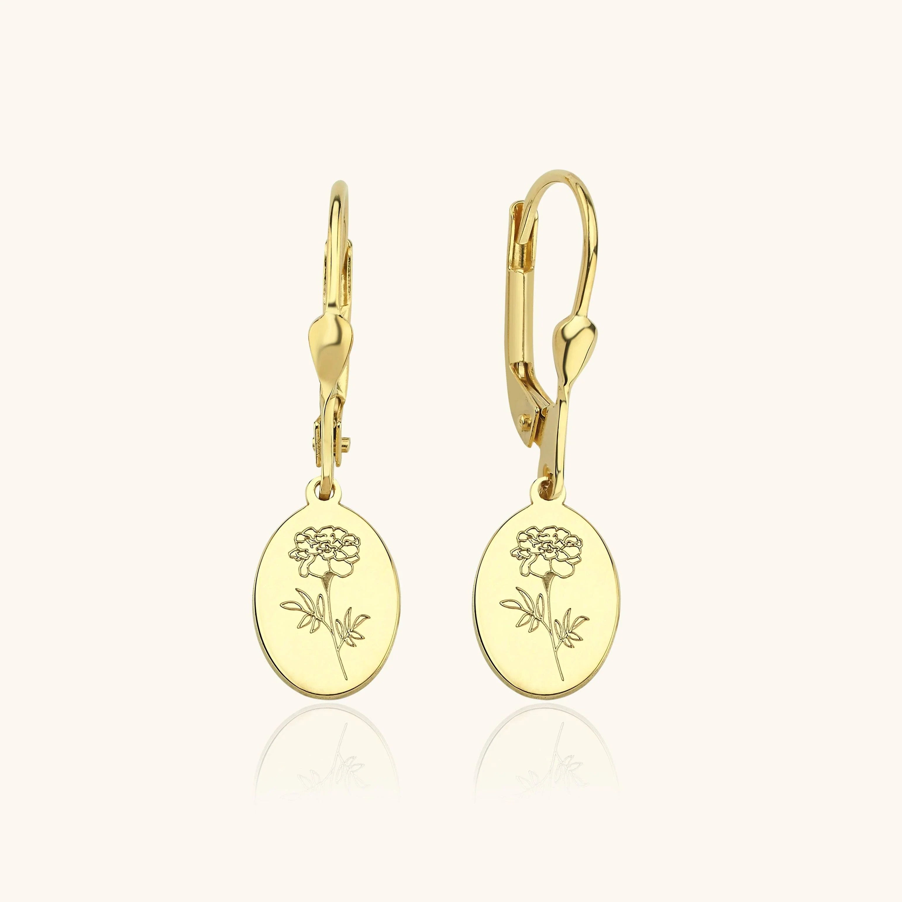 Birth Flower Drop Earrings – 18K Gold-Plated Sterling Silver Floral Engraved Earrings