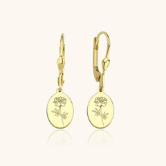 Birth Flower Drop Earrings – 18K Gold-Plated Sterling Silver Floral Engraved Earrings