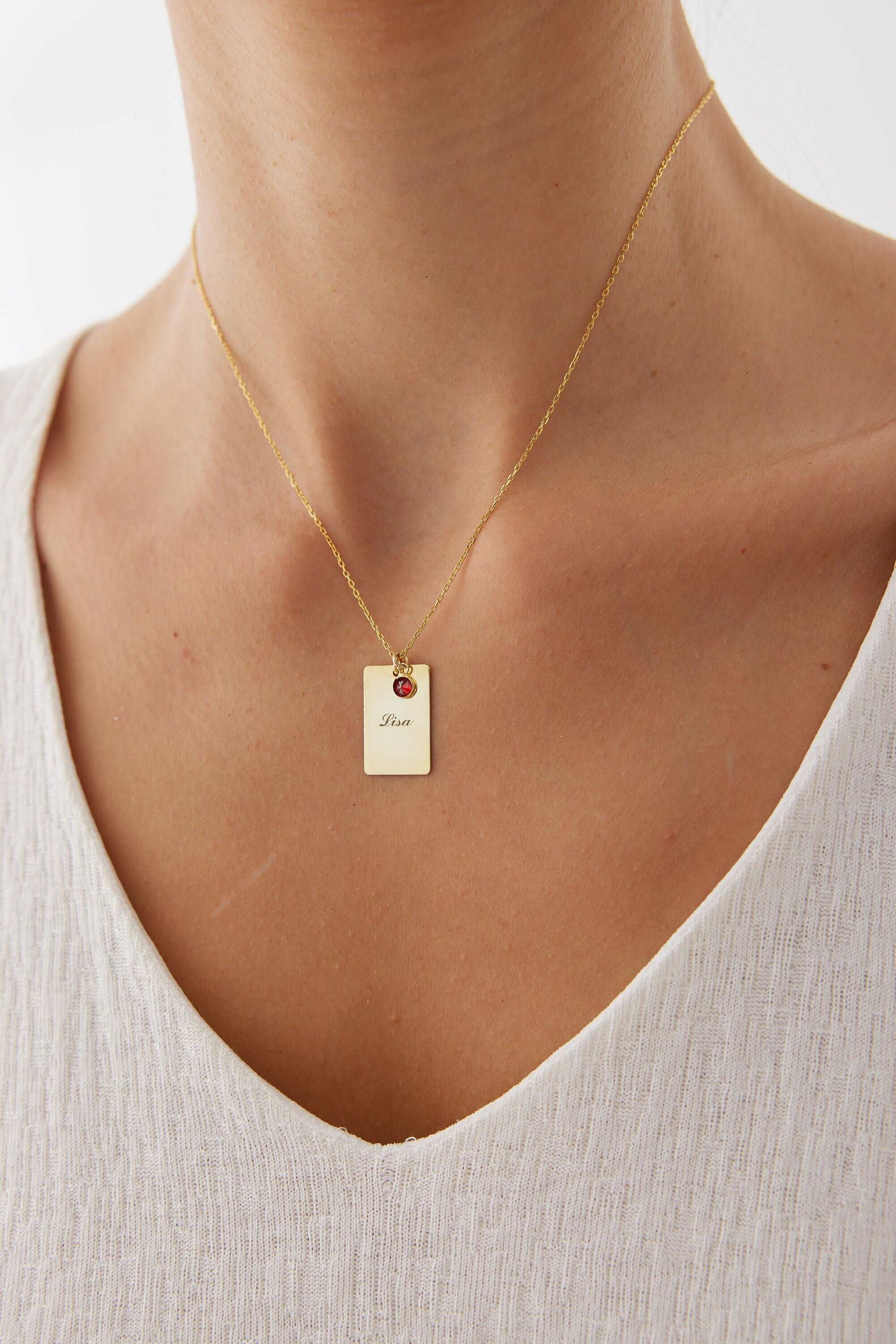 Engraved Birthstone Name Necklace, 18K Gold-Plate Sterling Silver, Initial Letter Square Necklace