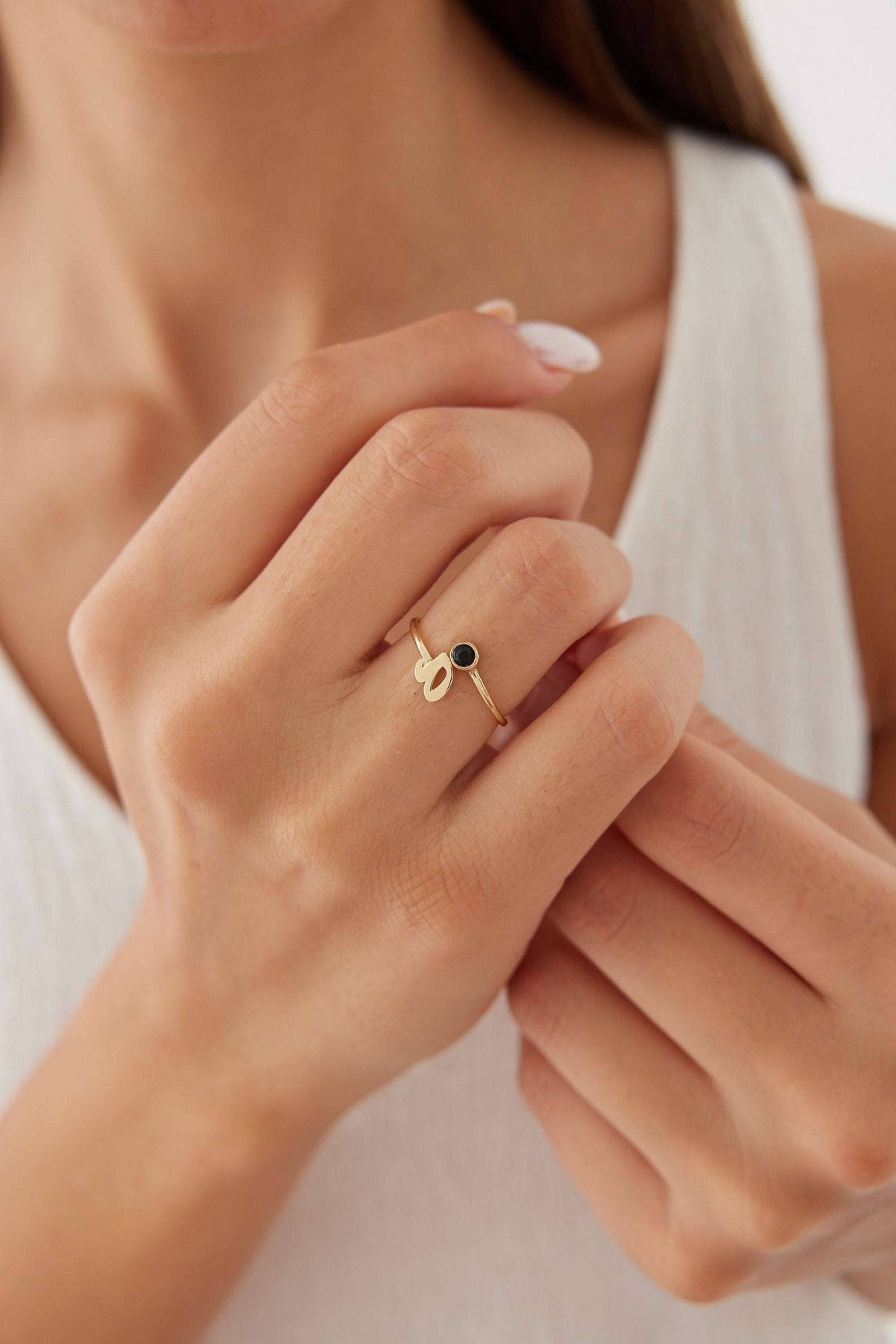 Initial and Gemstone Ring – 18K Gold-Plated Sterling Silver Personalized Ring