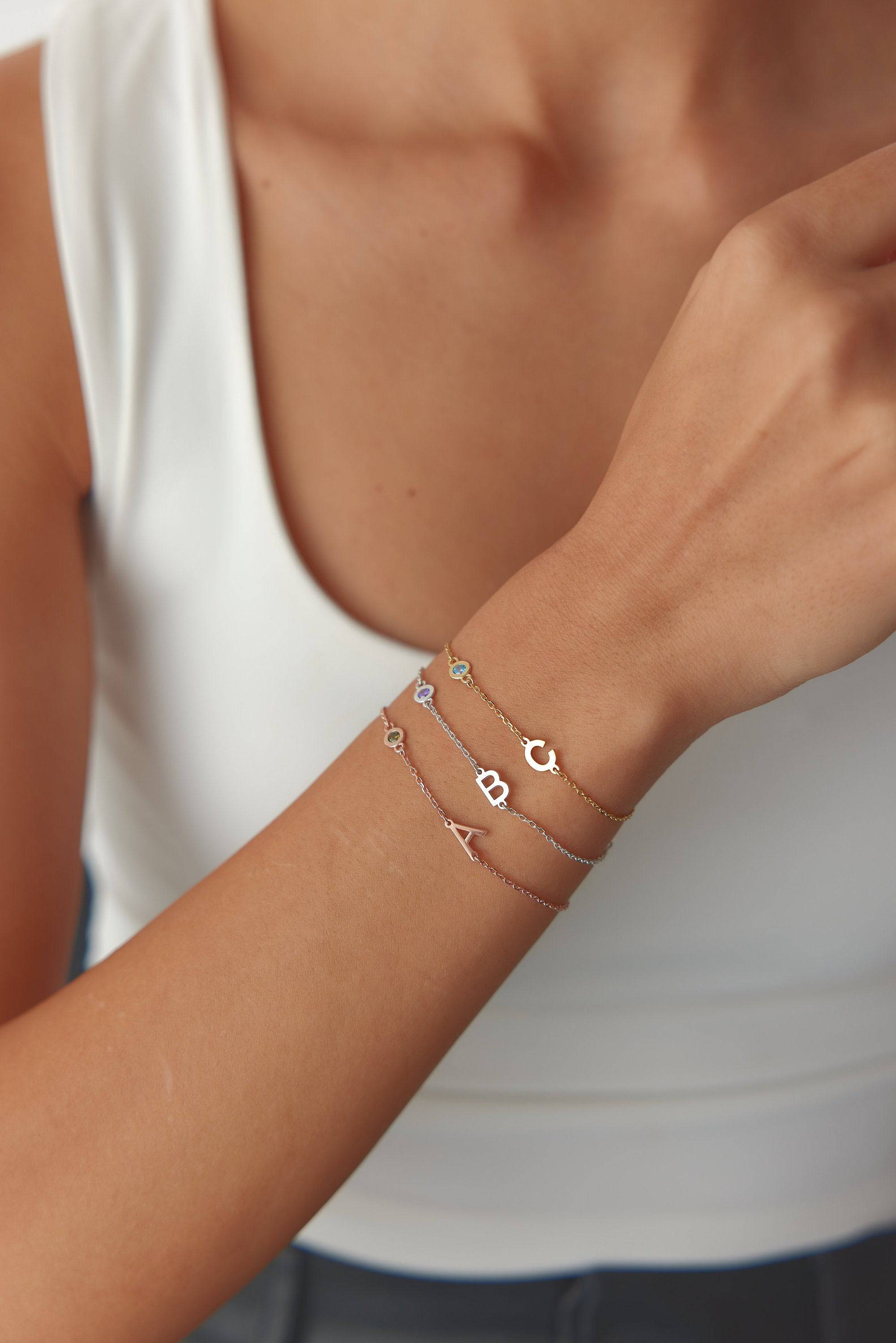 Birthstone and Initial Family Bracelet – 18K Gold-Plated Sterling Silver Customizable Bracelet