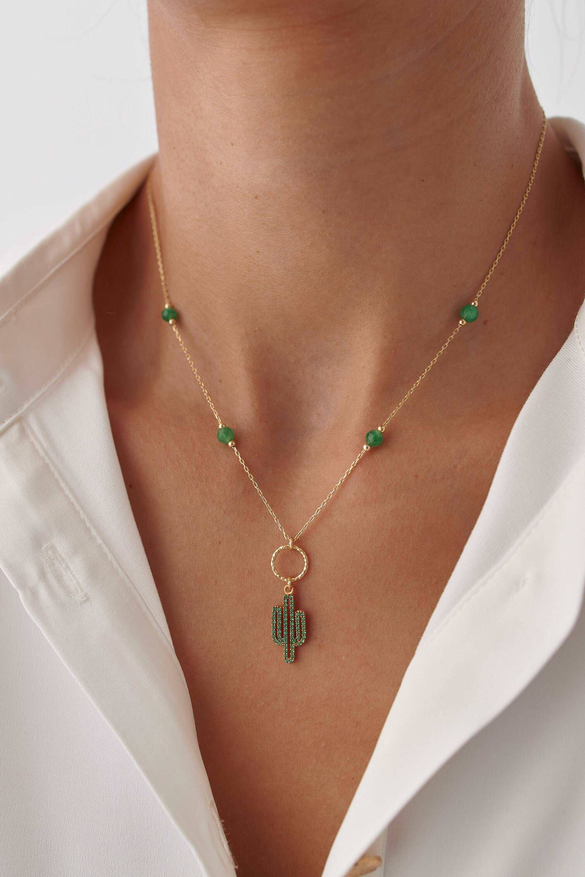 Dainty Cactus Necklace – 18K Gold-Plated Sterling Silver with Black Bead Accents