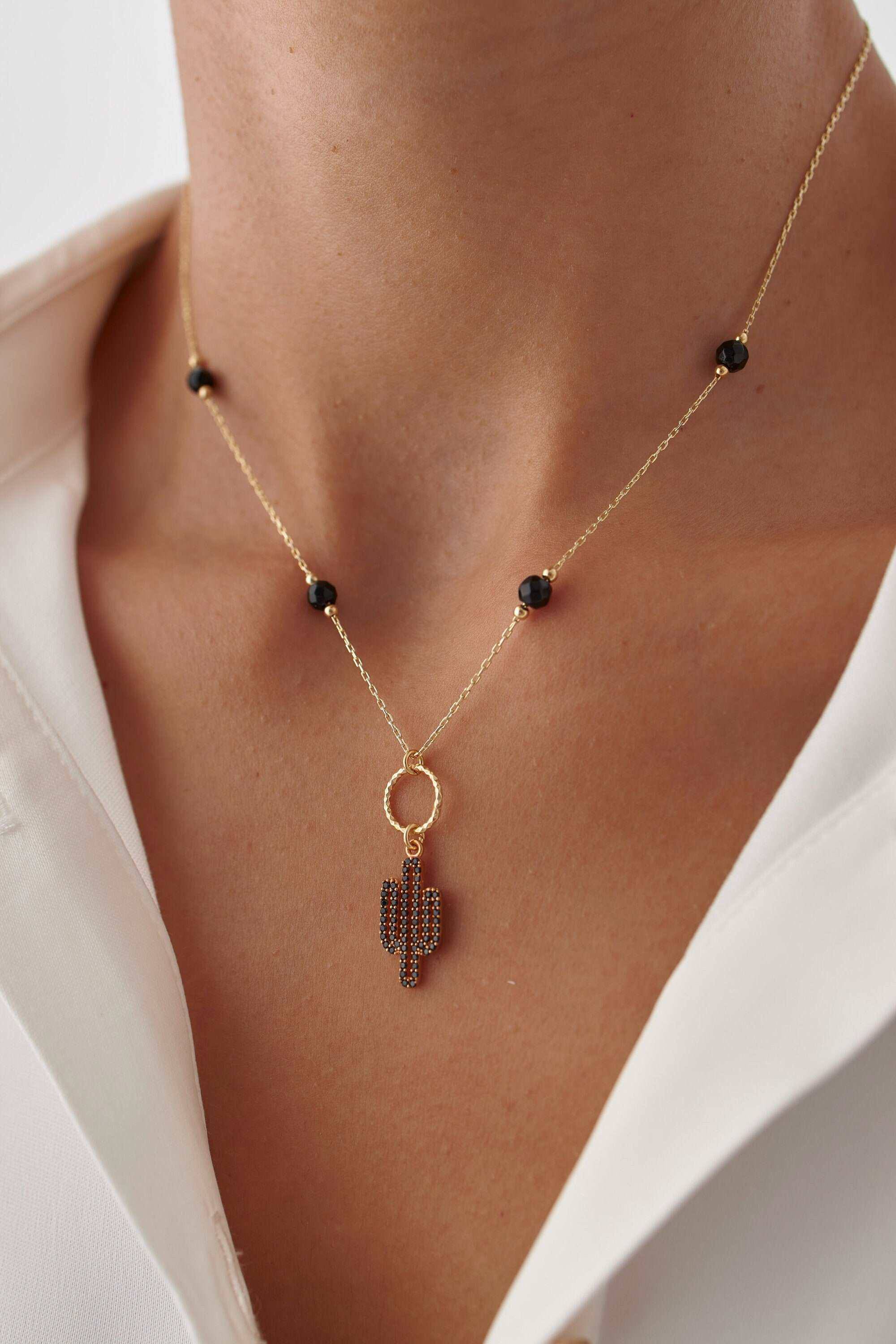 Dainty Cactus Necklace – 18K Gold-Plated Sterling Silver with Black Bead Accents
