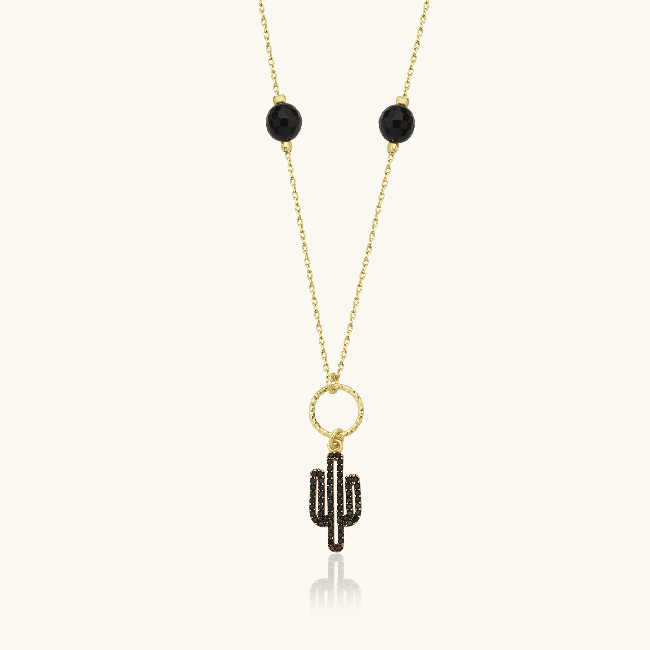 Dainty Cactus Necklace – 18K Gold-Plated Sterling Silver with Black Bead Accents