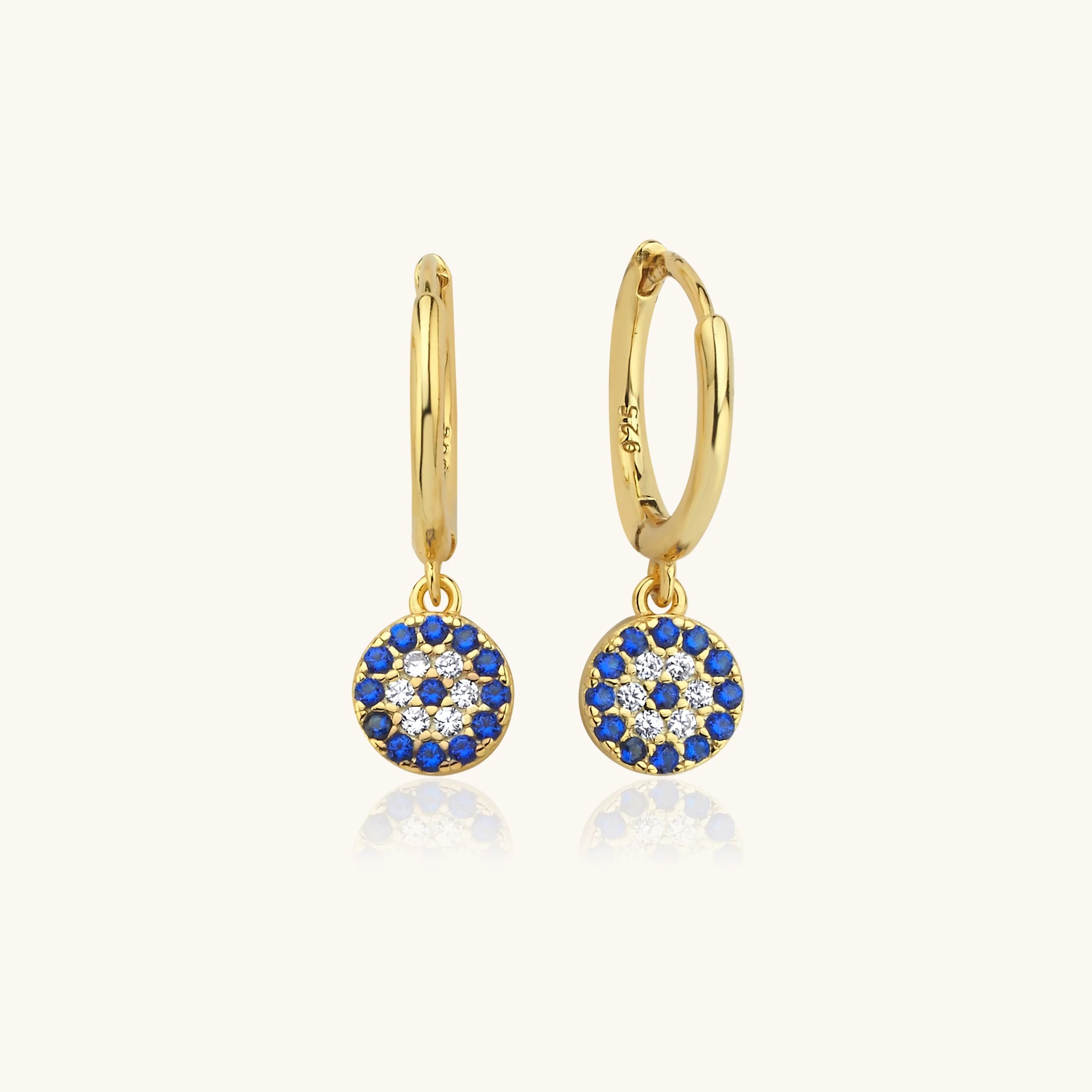 Gold Huggie Earrings | 925 Sterling Silver Blue and White CZ Round Charm | Minimalist Hoop Earrings | Dabas Minimalist Jewelry