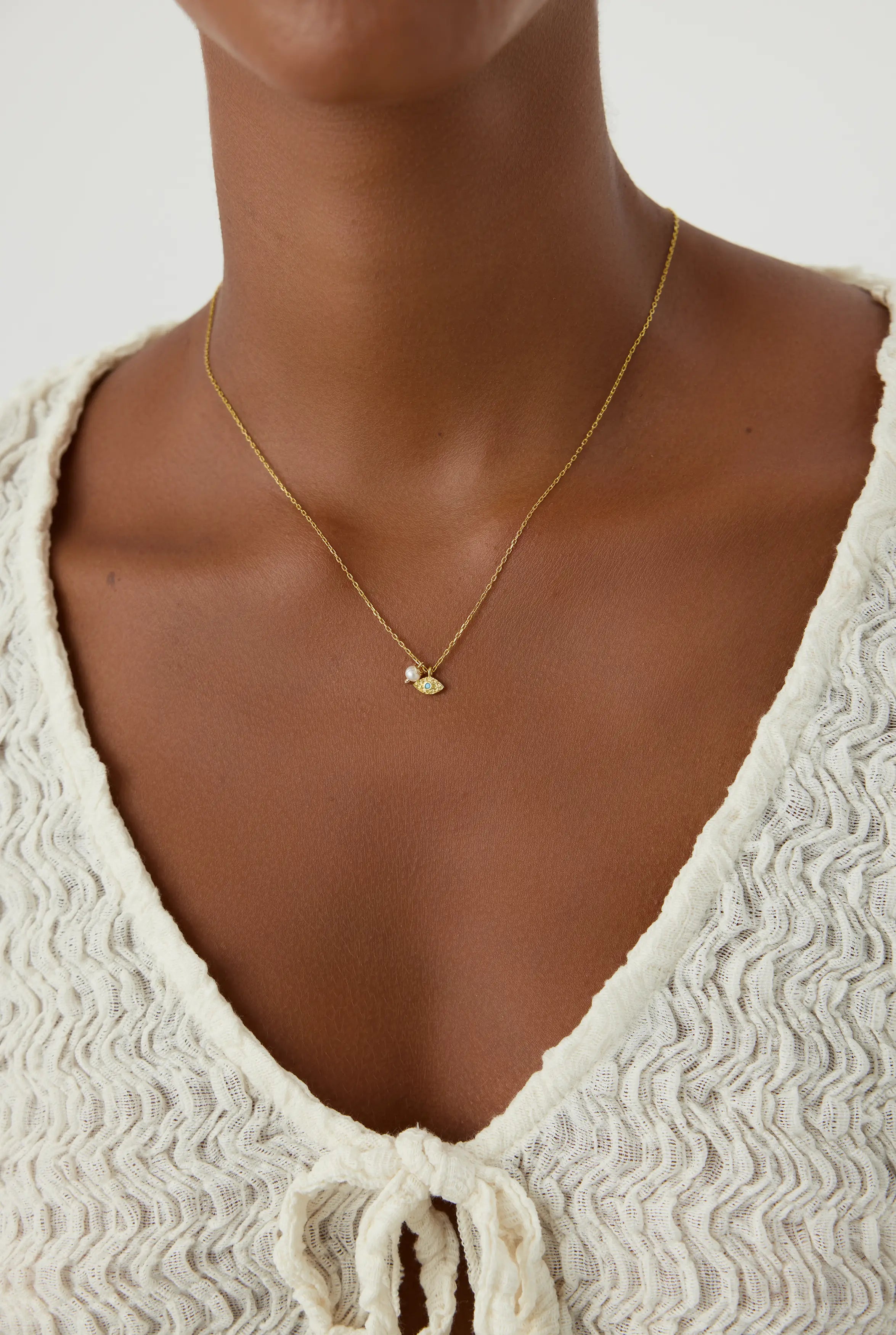 Tiny Evil Eye Necklace with Pearl, 18K Gold-Plated Sterling Silver