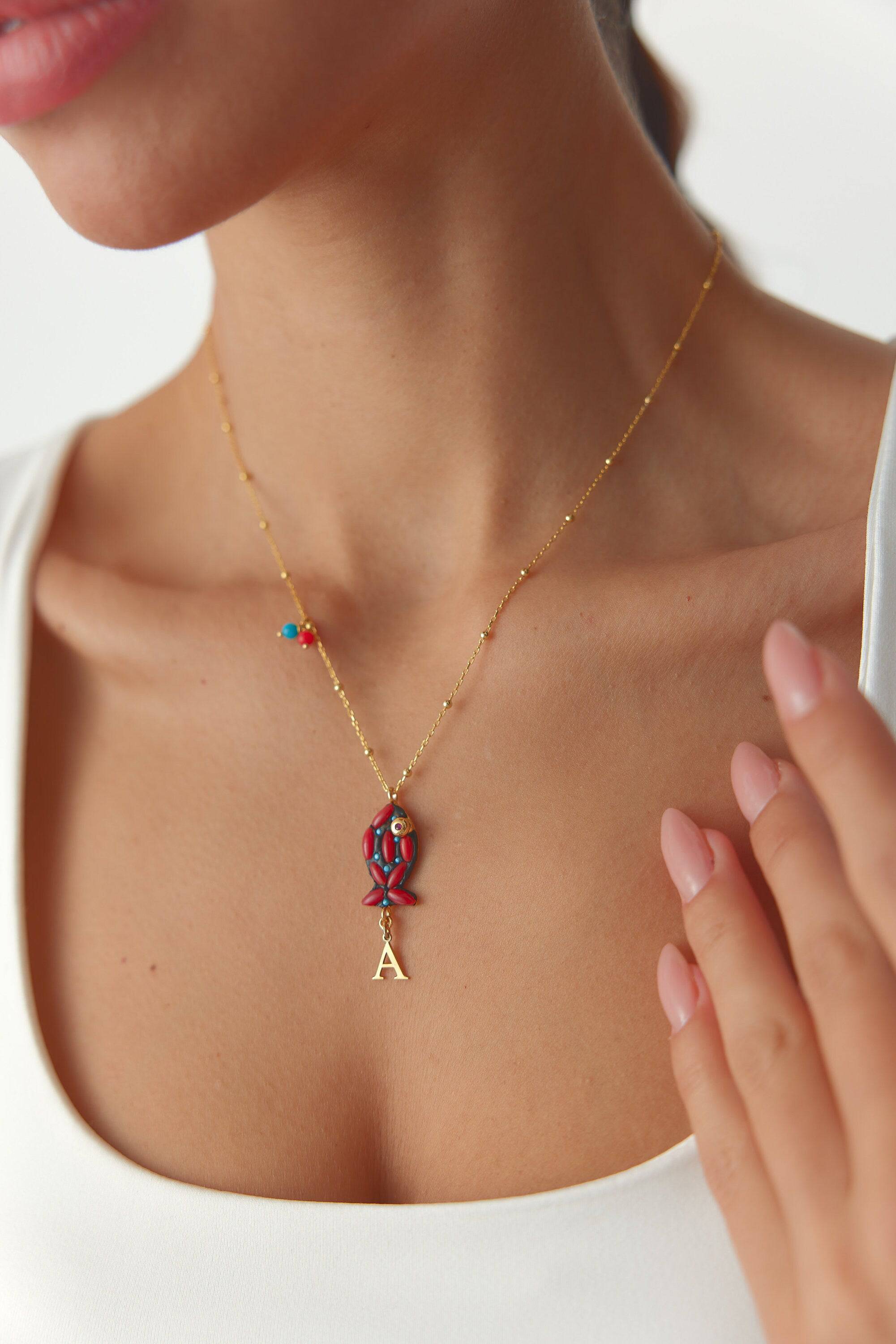 Coral Stone Fish Figure Letter Necklace • 18K Gold-Plated Sterling Silver