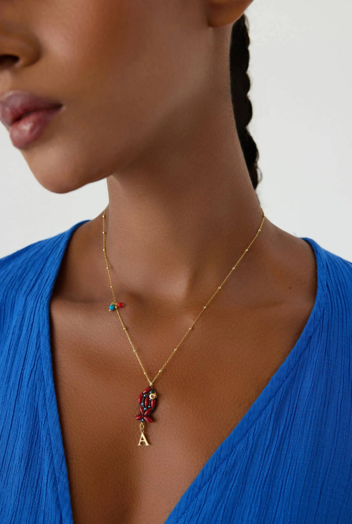 Coral Stone Fish Figure Letter Necklace • 18K Gold-Plated Sterling Silver