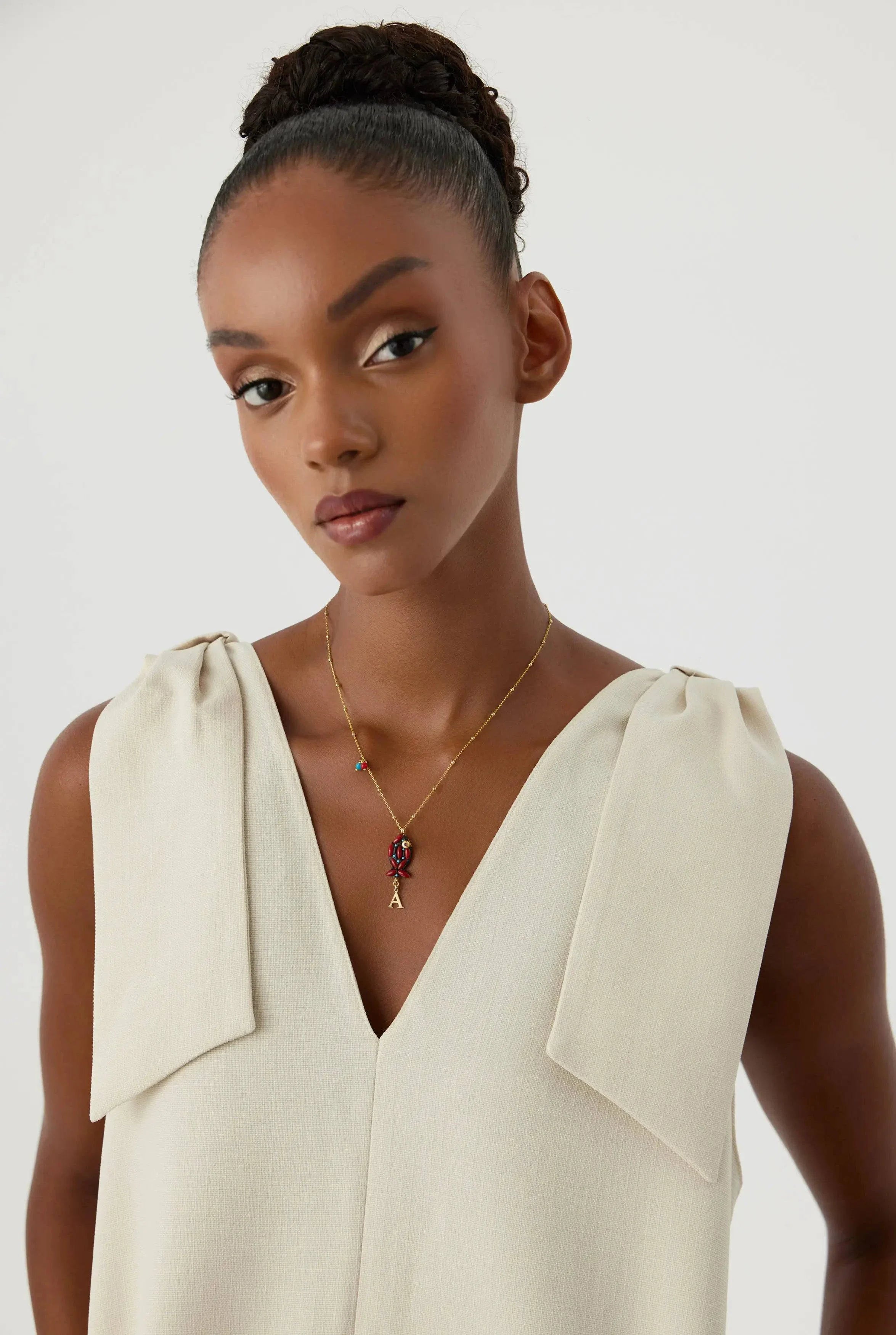 Coral Stone Fish Figure Letter Necklace • 18K Gold-Plated Sterling Silver