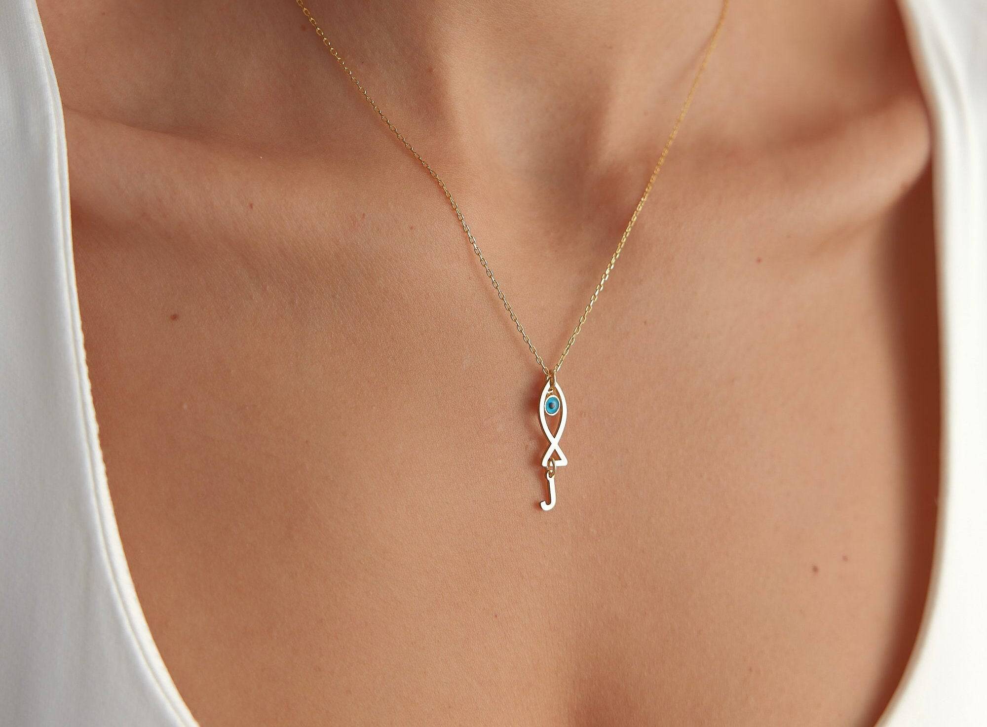 Fish and Initial Charm Necklace - 18K Gold-Plated Sterling Silver