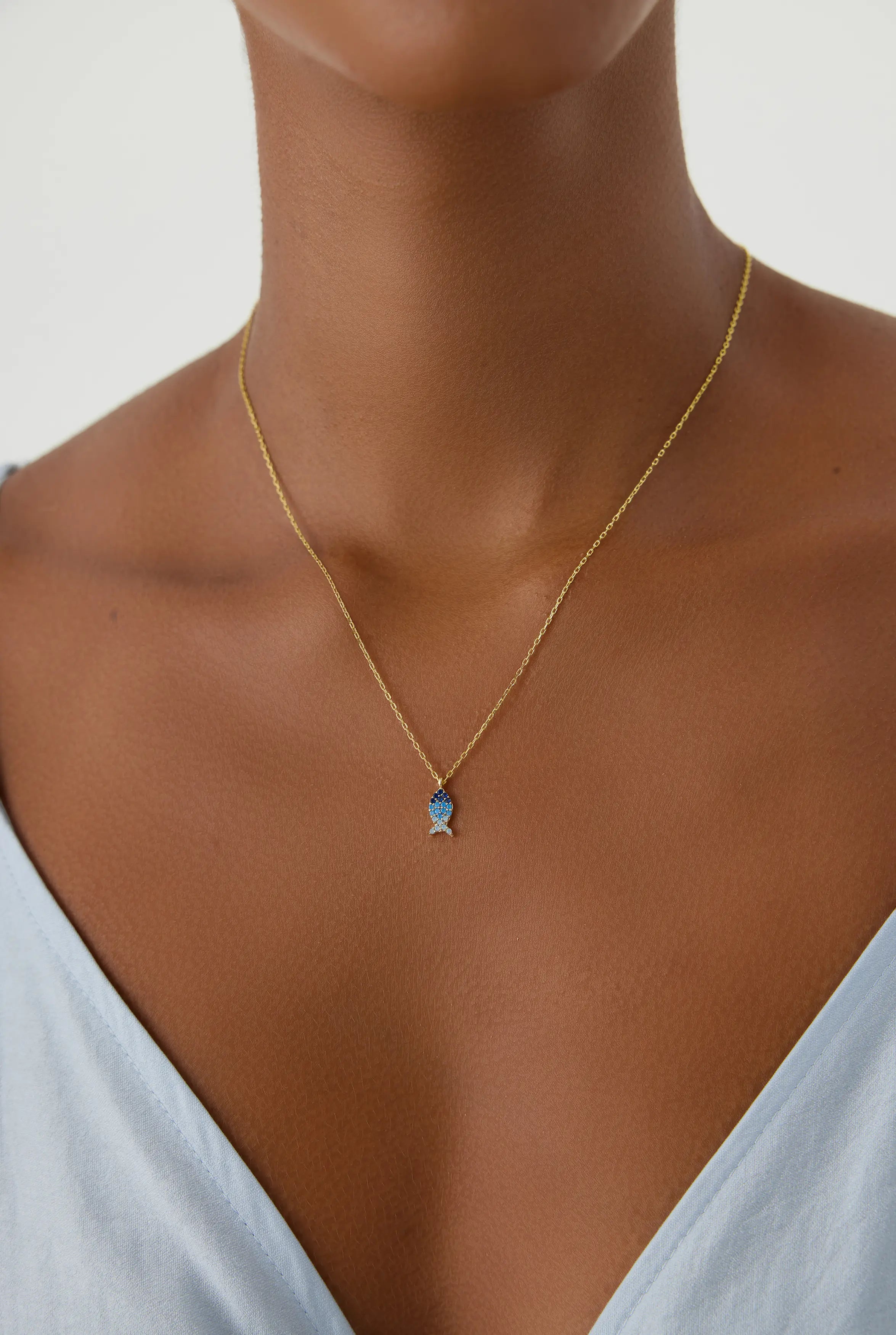 Fish Necklace with Colorful CZ Stones, 18K Gold-Plated Sterling Silver