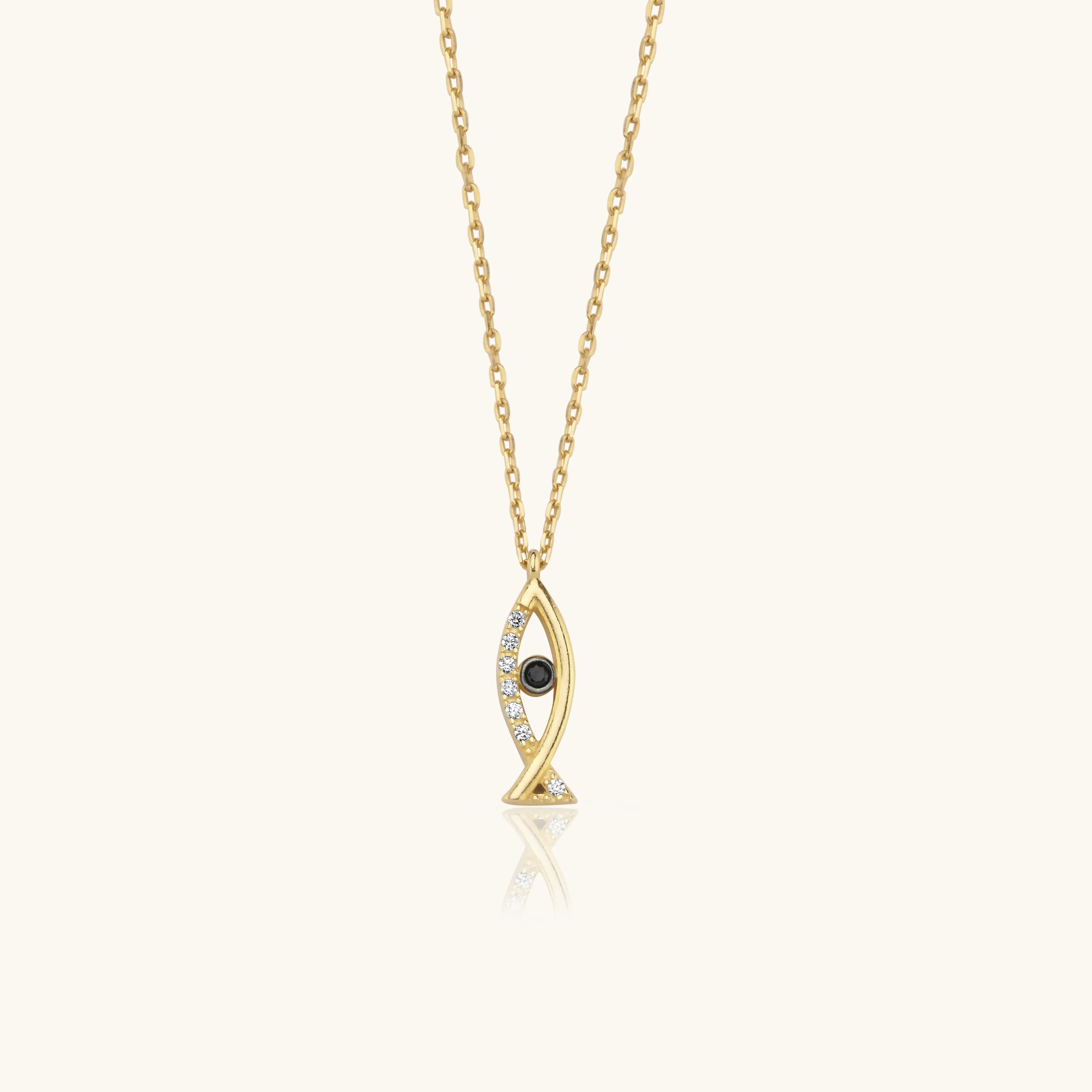 Fish Shaped Necklace with Black CZ Stones, 18K Gold-Plated Sterling Silver