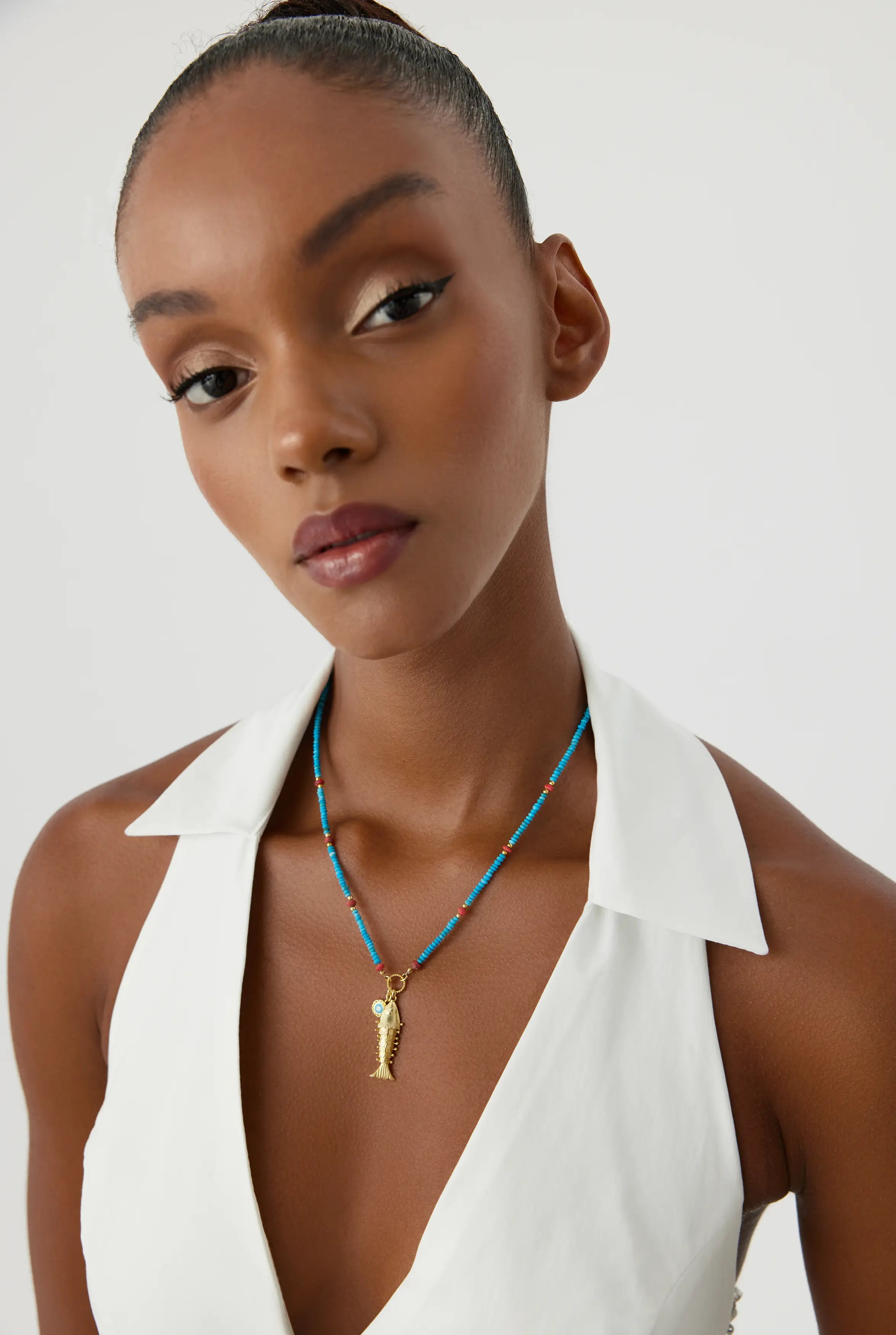 Gold Fish Charm Necklace with Turquoise Beaded Chain - 18K Gold-Plated Sterling Silver - Symbol of Luck and Protection