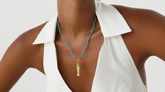 Gold Fish Charm Necklace with Turquoise Beaded Chain - 18K Gold-Plated Sterling Silver - Symbol of Luck and Protection
