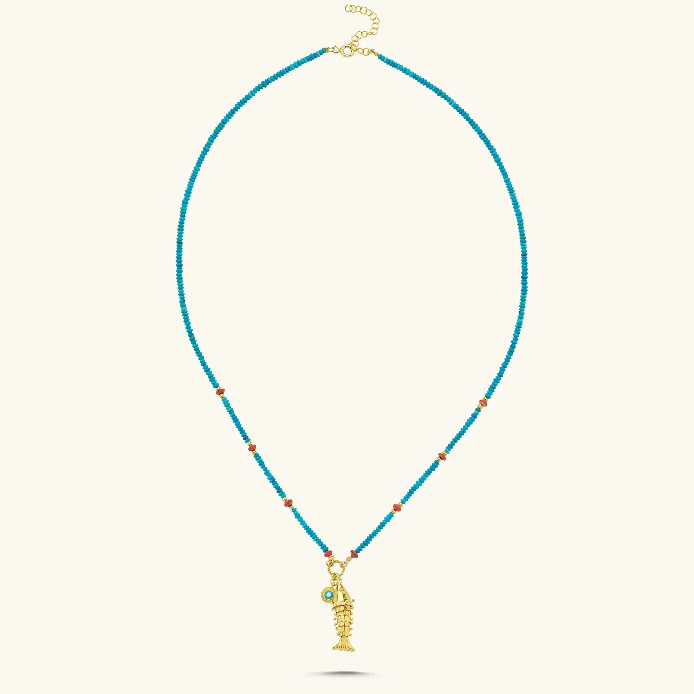 Gold Fish Charm Necklace with Turquoise Beaded Chain - 18K Gold-Plated Sterling Silver - Symbol of Luck and Protection