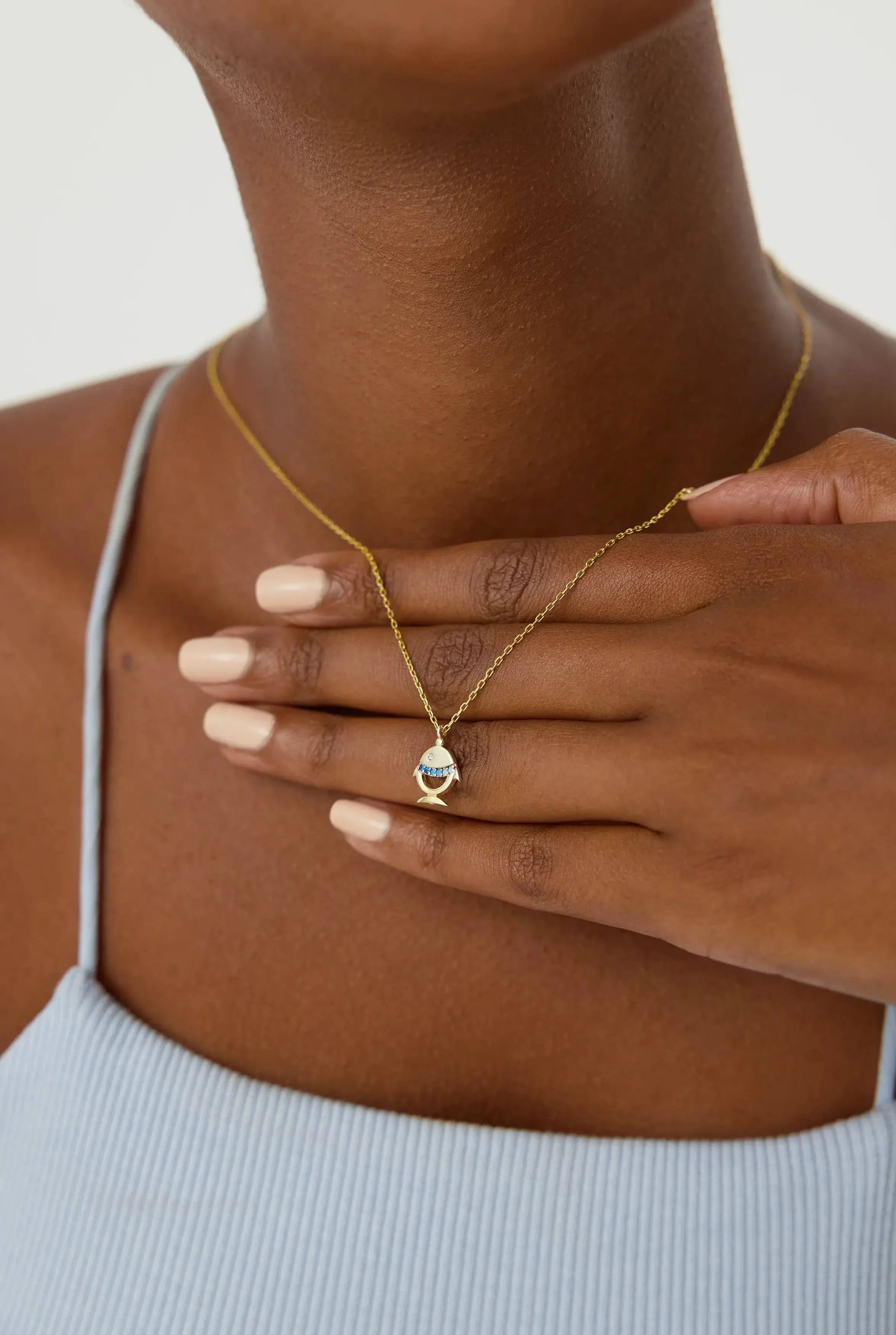 Tiny Fish Necklace with Colorful CZ Stone, 18K Gold-Plated Sterling Silver