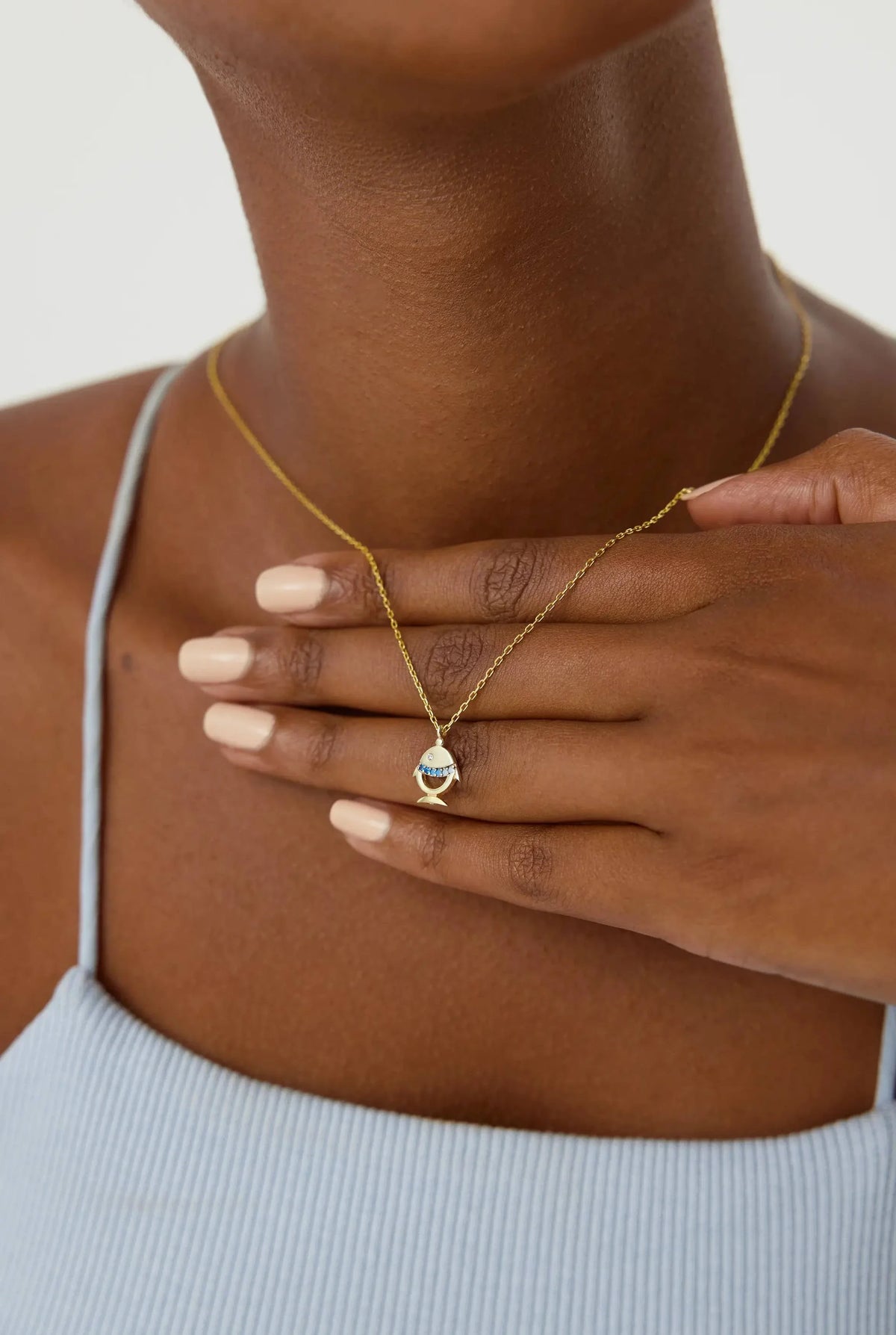 Tiny Fish Necklace with Colorful CZ Stone, 18K Gold-Plated Sterling Silver