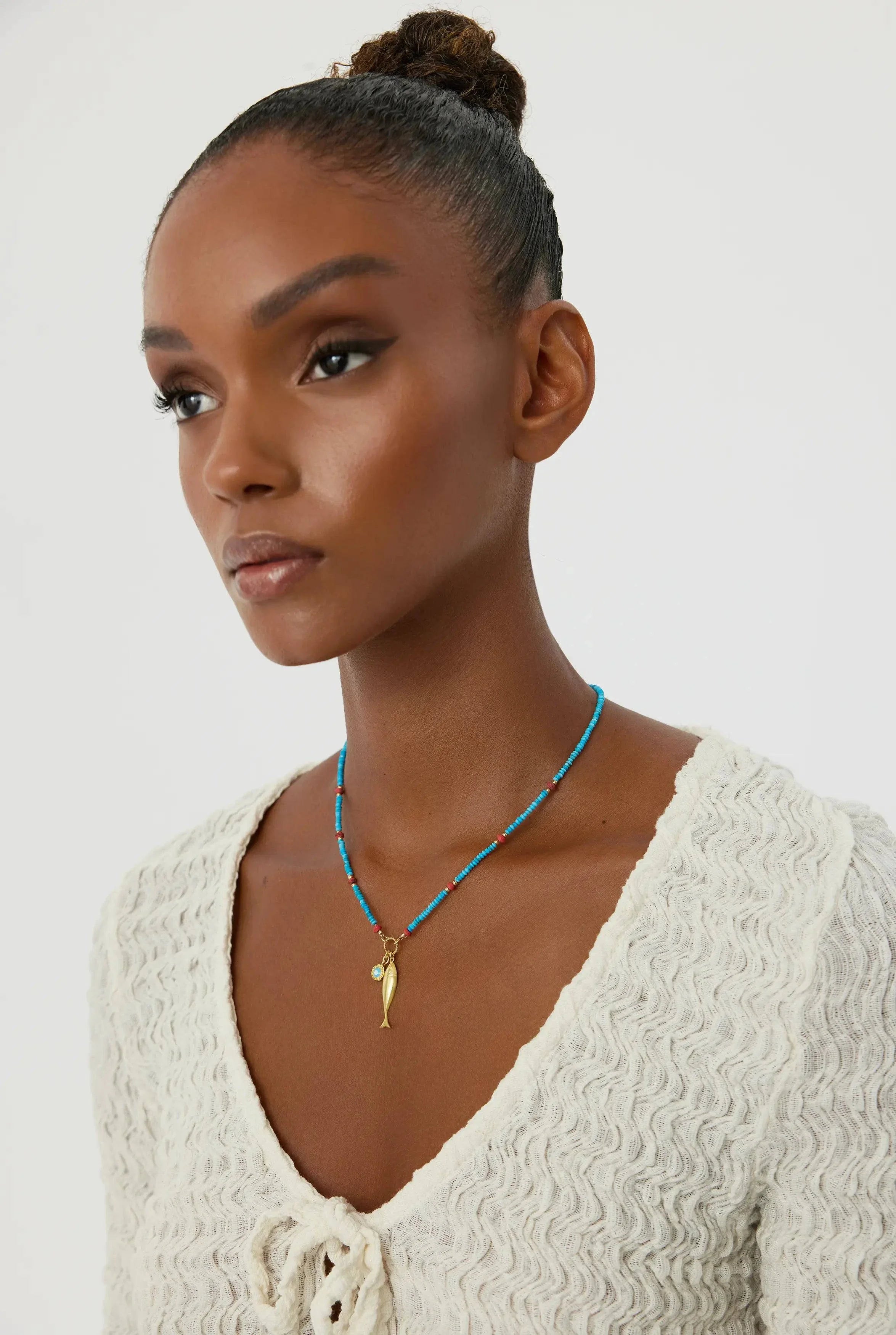 Turquoise Beaded Fish Charm Necklace – 18K Gold-Plated Sterling Silver