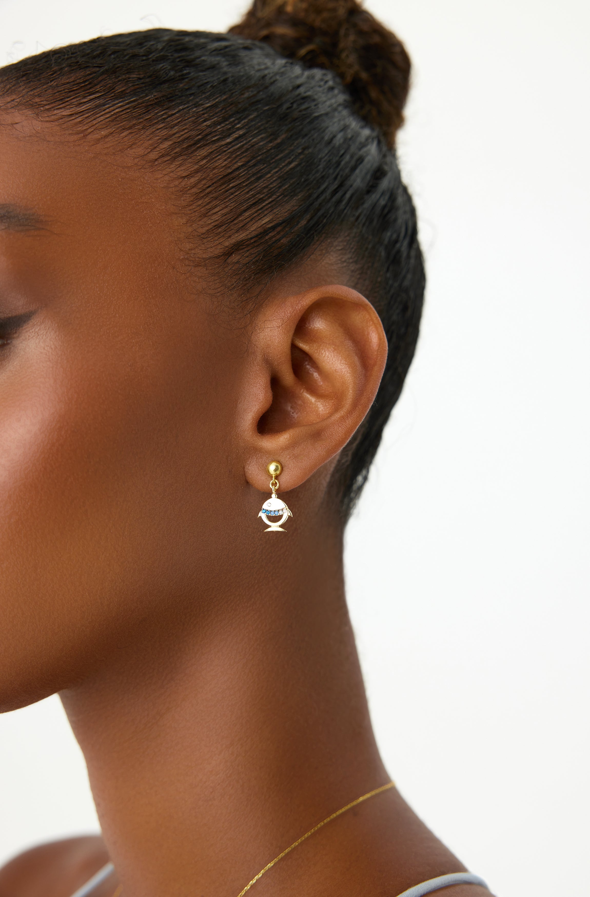 Fish Stud Earrings with CZ Stones, 18K Gold-Plated Sterling Silver