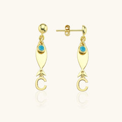 Gold Fish-Themed Initial Earrings with Turquoise Accent – 18K Gold-Plated Sterling Silver