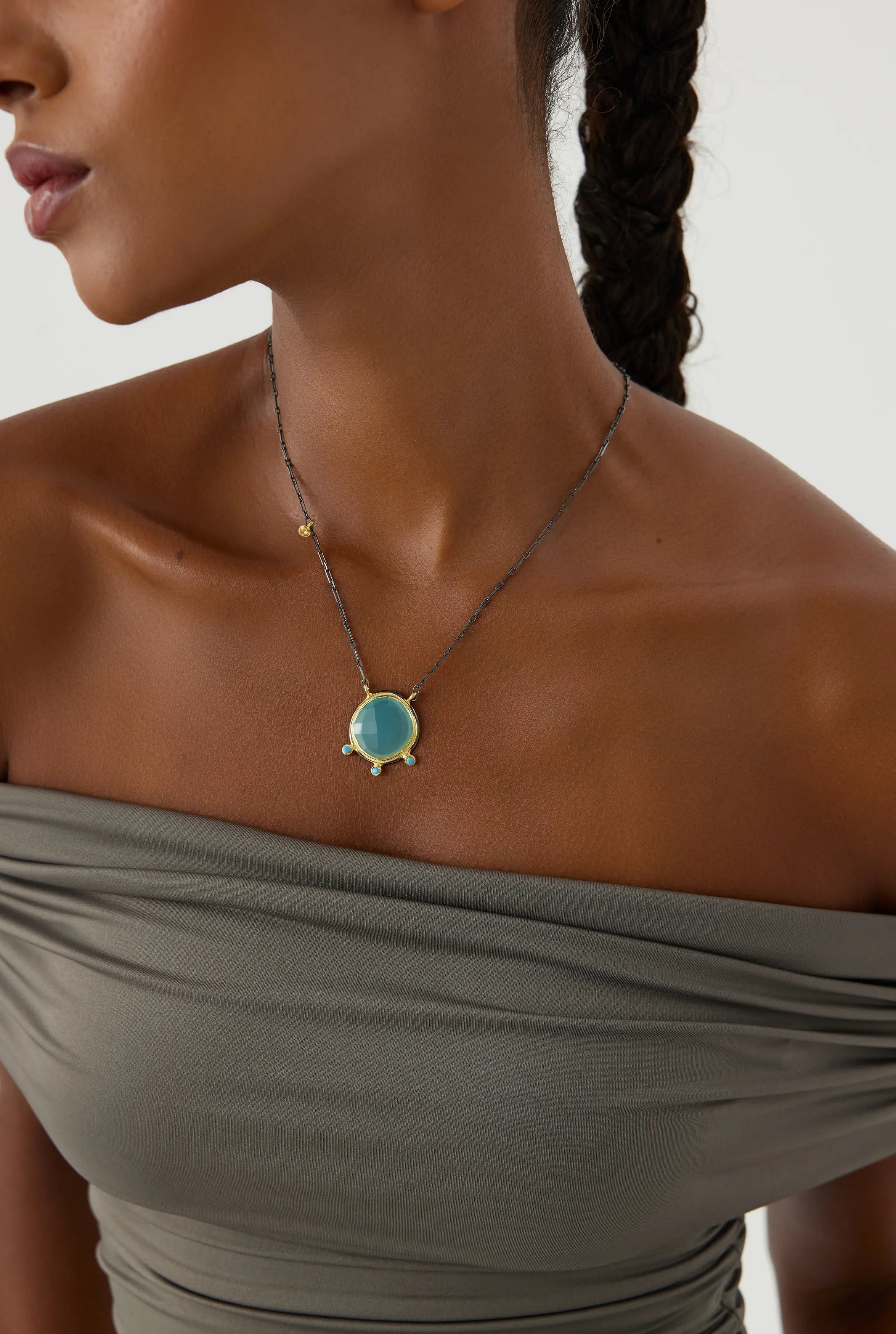 Aqua Chalcedony and Turquoise Necklace, 18K Gold-Plated Sterling Silver