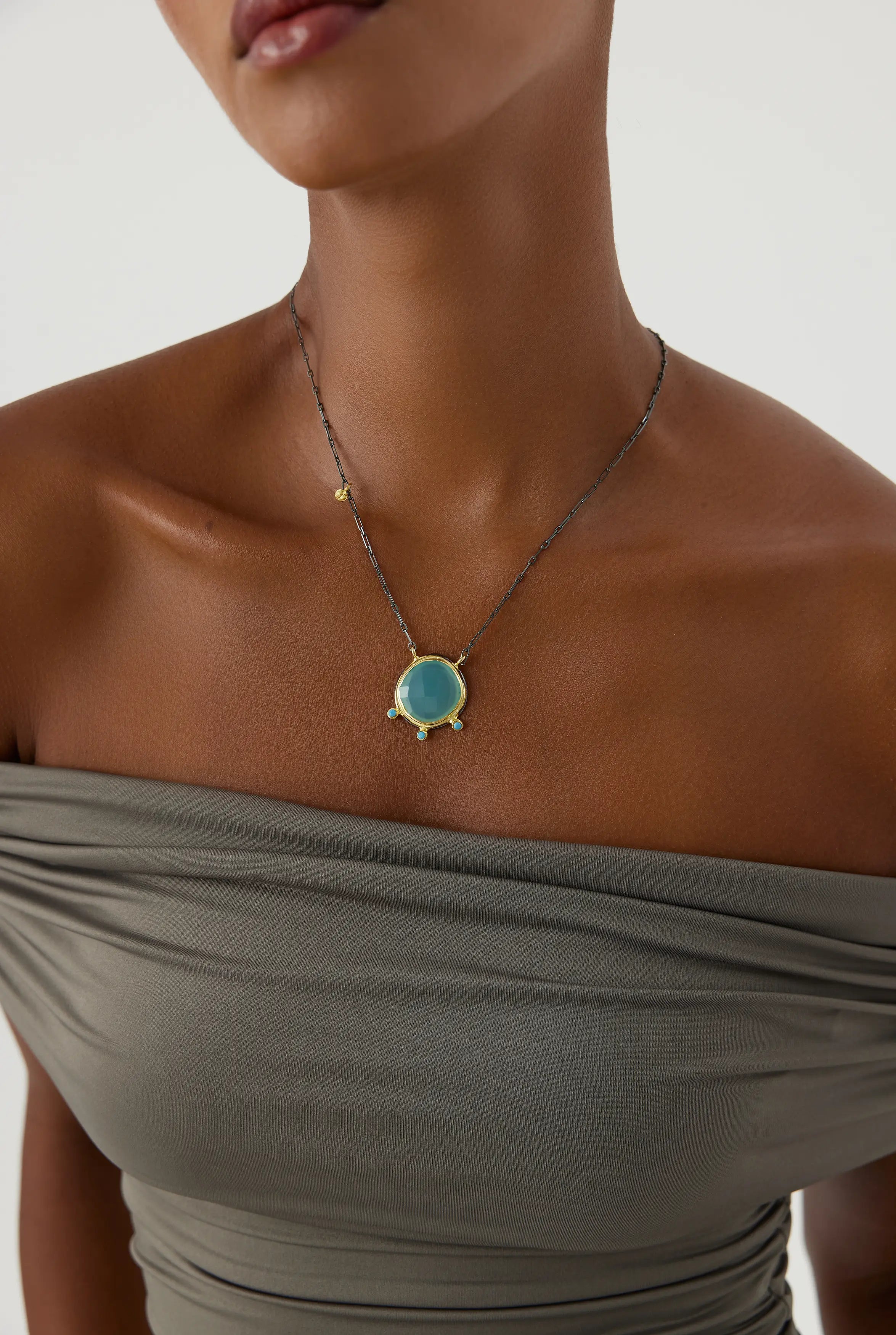 Aqua Chalcedony and Turquoise Necklace, 18K Gold-Plated Sterling Silver