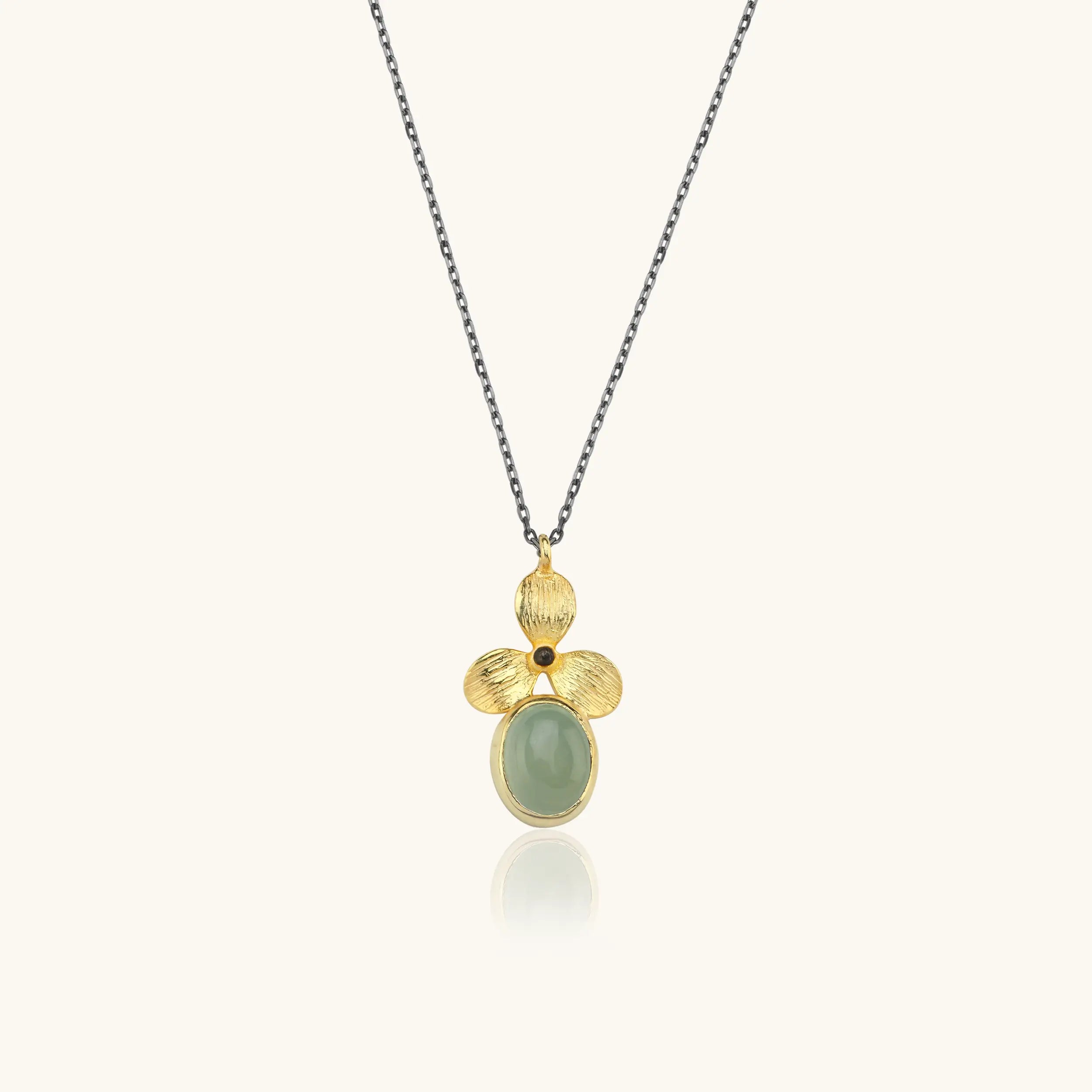 Green Chalcedony and Gold Orchid Flower Pendant Necklace, 18K Gold-Plated Sterling Silver