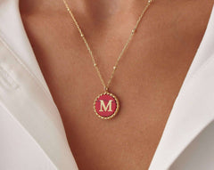 Personalized Red Stone Letter Coin Necklace, Pearl Letter Necklace, Mother Of Pearl Necklace, Custom Necklace, Silver Coin Necklace, Silver Initial Necklace, Silver Pearl Necklace