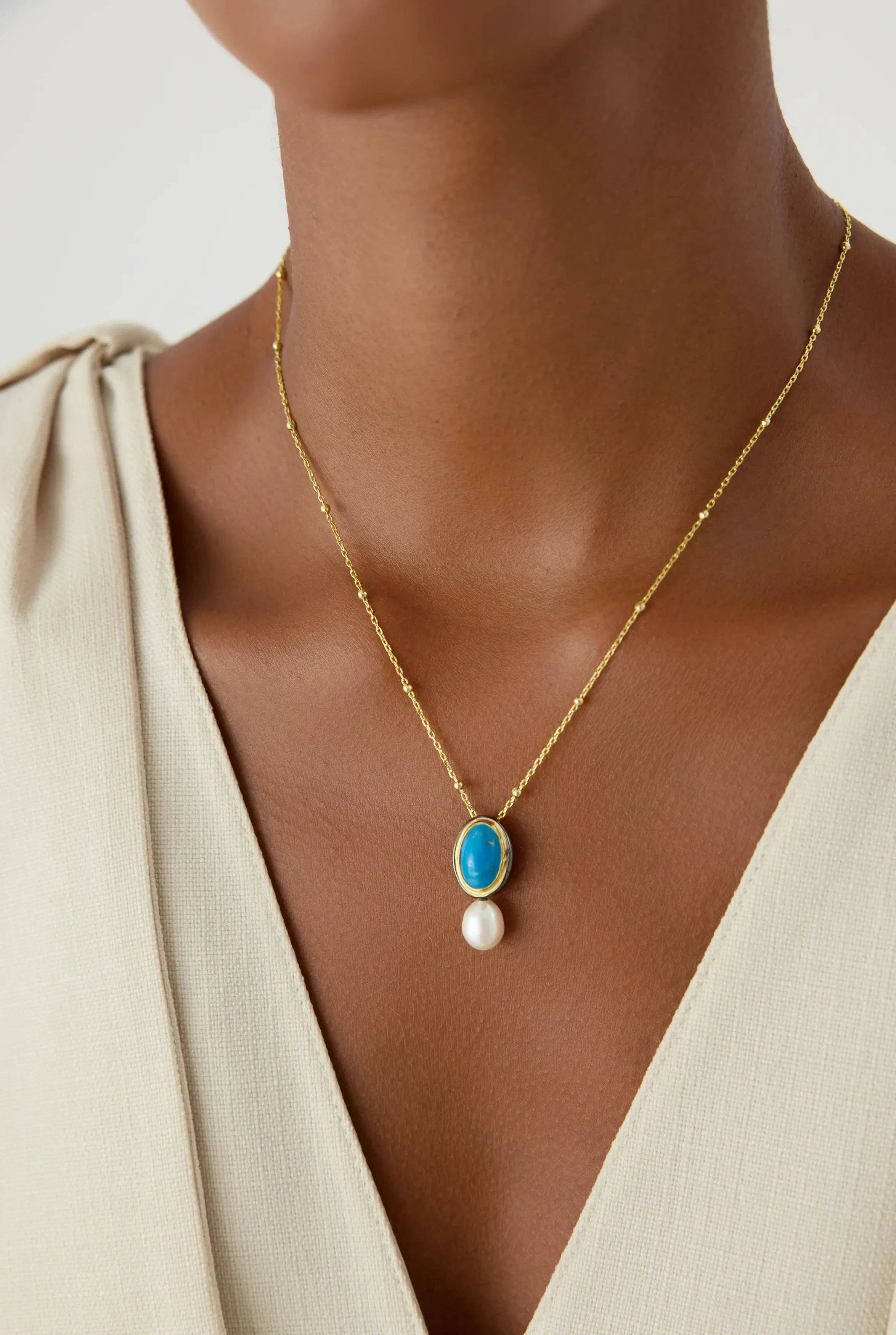 Turquoise and Pearl Pendant Necklace, 18K Gold-Plated Sterling Silver